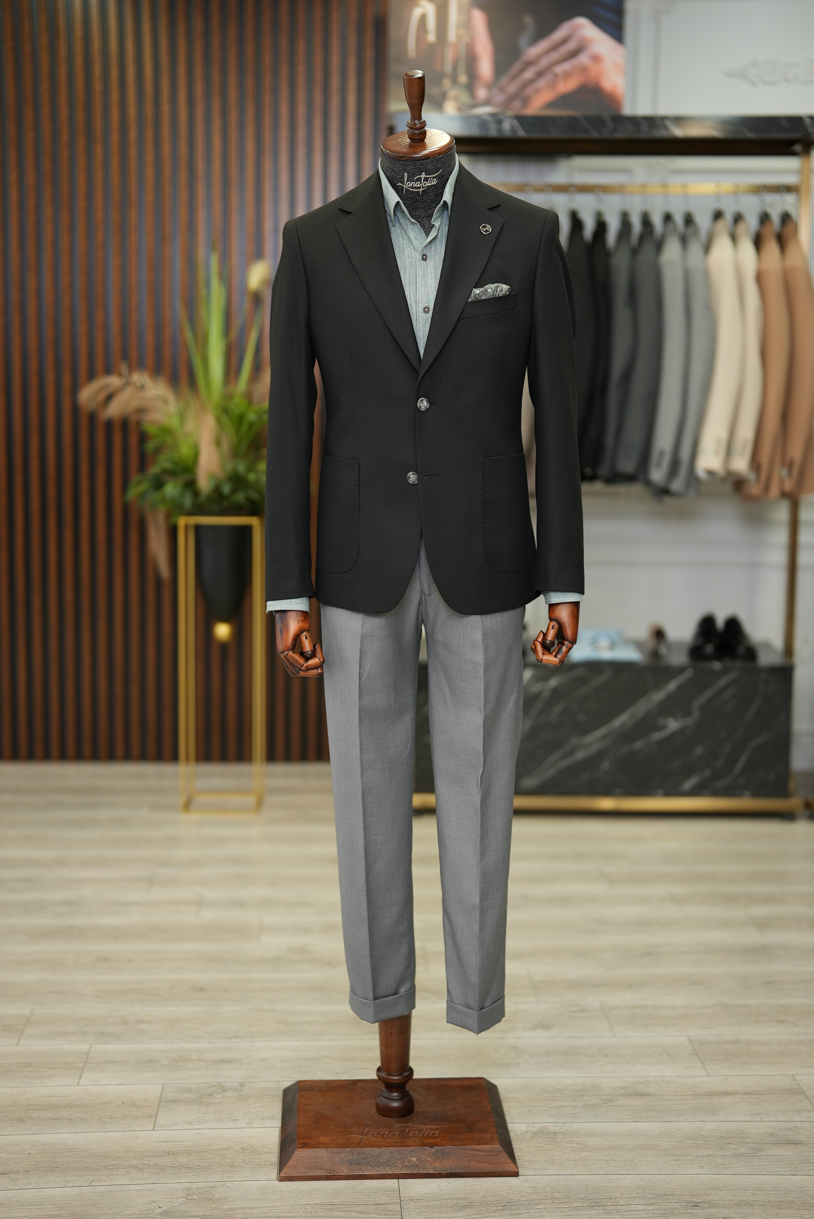 Erkek Ceket Mono Yaka Cep Yarım Astarlı  Slim fit İtalyan Stil - Siyah