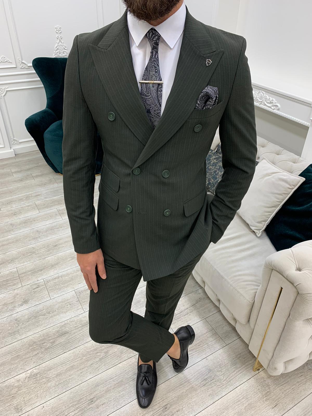 Pantaloni da giacca slim fit da uomo a righe doppiopetto con collo a rondine, taglio italiano - Verde