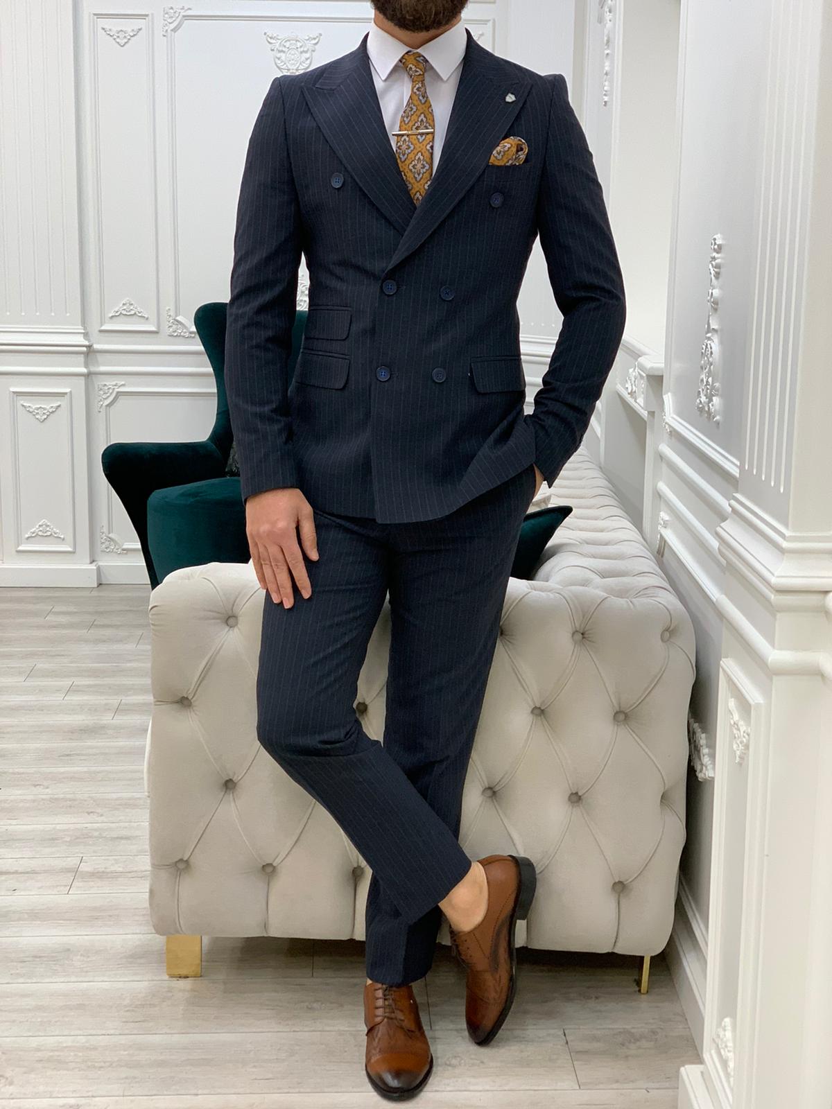 Pantaloni da giacca slim fit da uomo a righe doppiopetto con colletto a rondine, taglio italiano - Blu navy