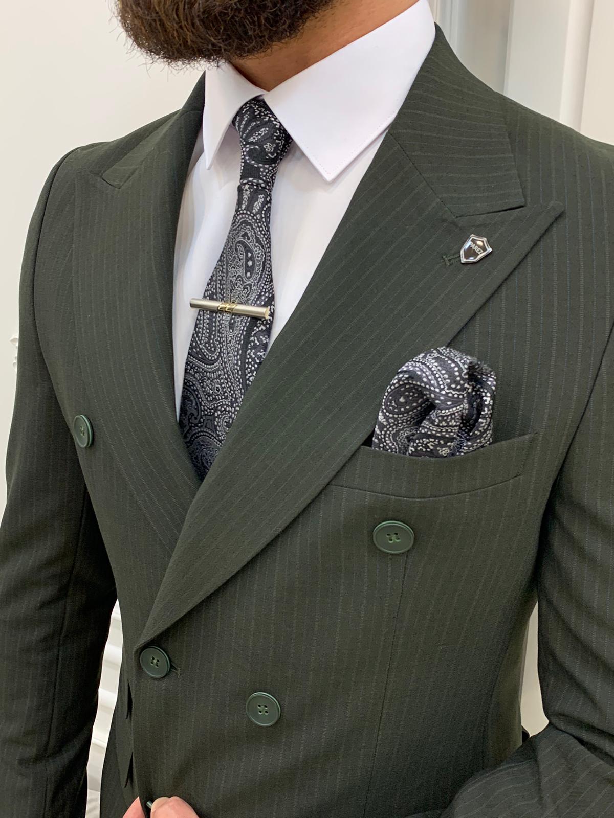 Pantaloni da giacca slim fit da uomo a righe doppiopetto con collo a rondine, taglio italiano - Verde