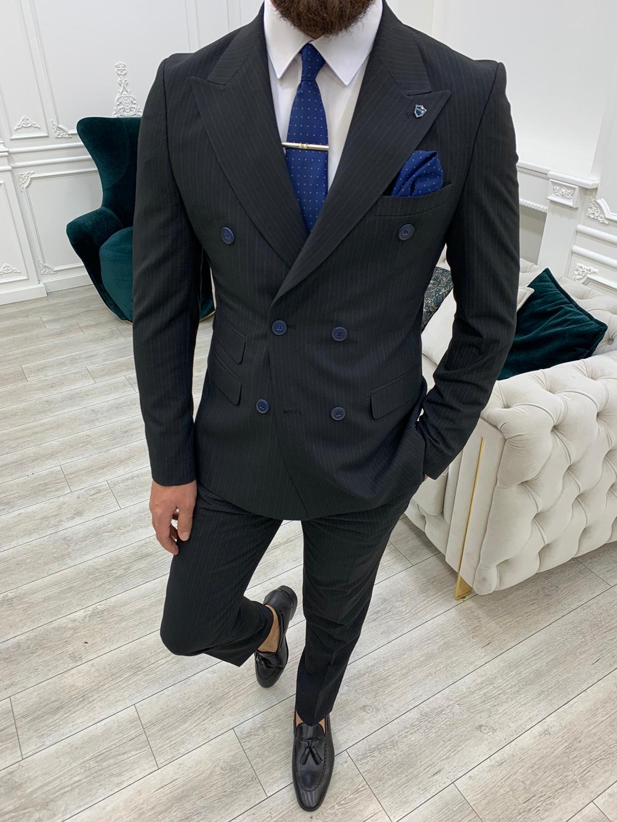 Pantaloni da giacca slim fit da uomo a righe doppiopetto con colletto a rondine, taglio italiano - Nero