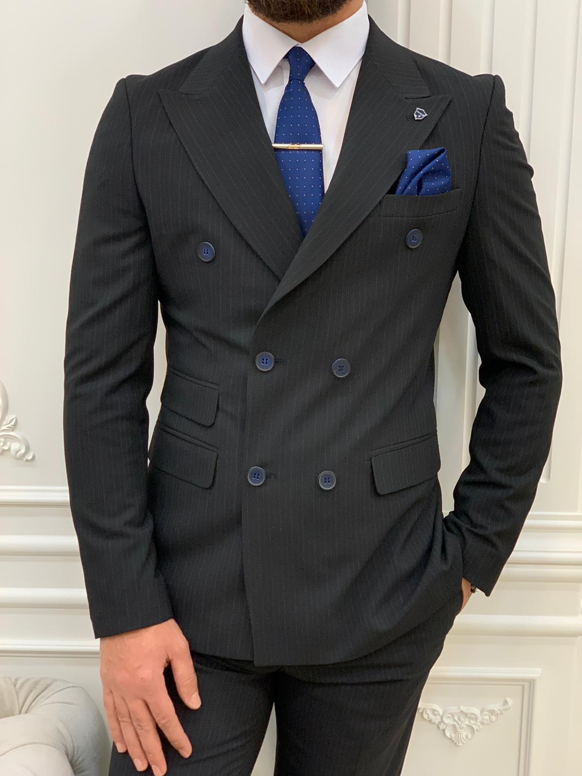 Pantaloni da giacca slim fit da uomo a righe doppiopetto con colletto a rondine, taglio italiano - Nero