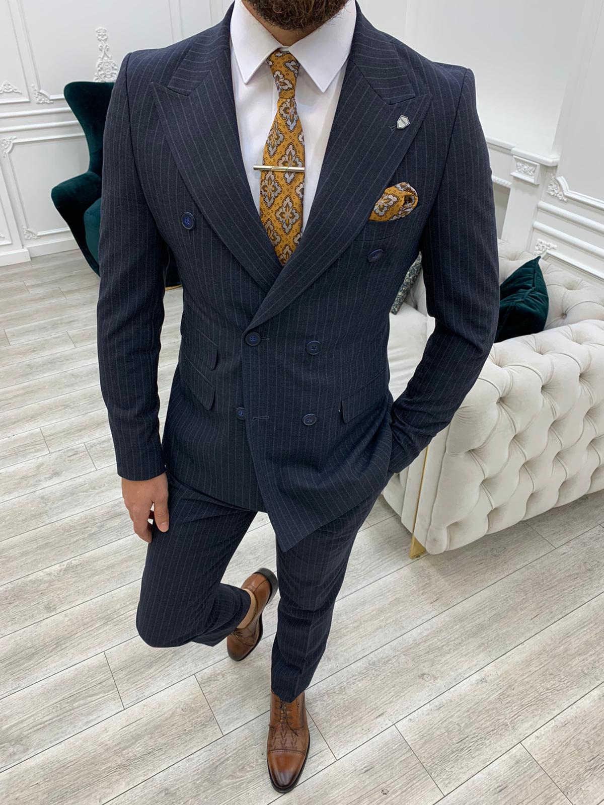 Pantaloni da giacca slim fit da uomo a righe doppiopetto con colletto a rondine, taglio italiano - Blu navy