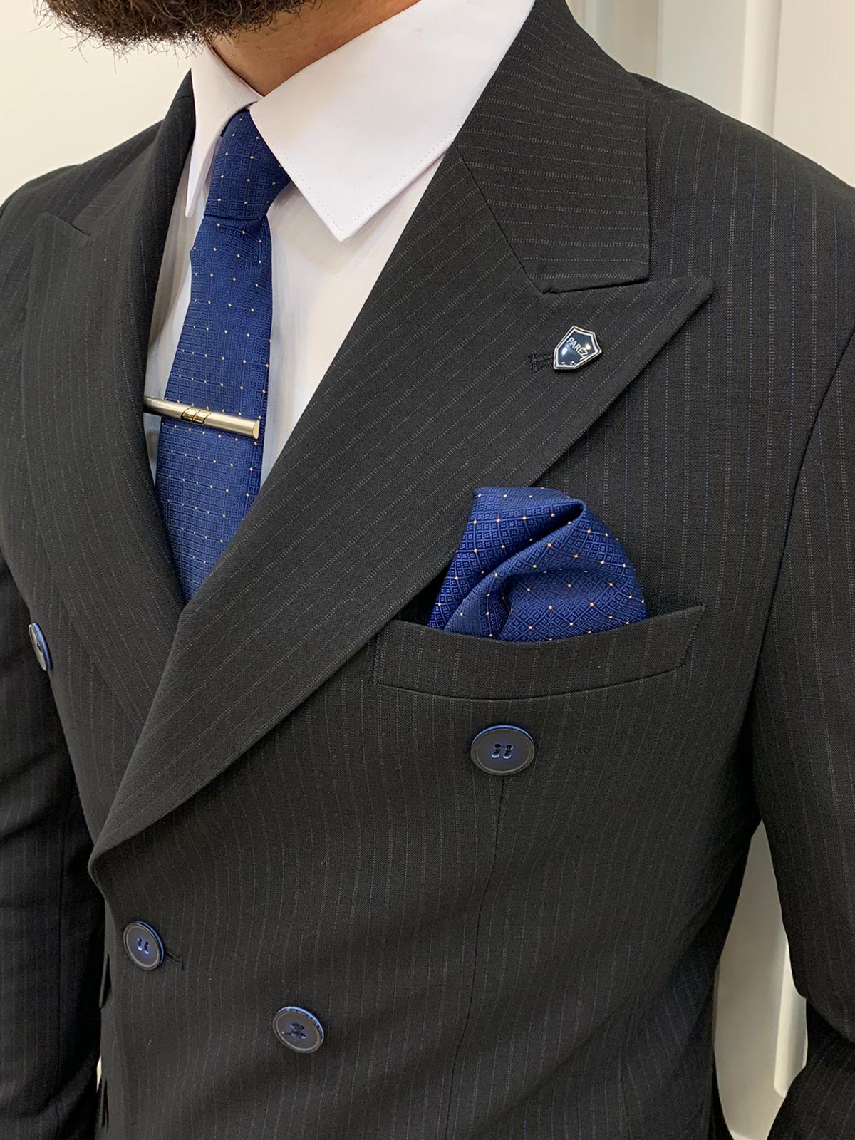 Pantaloni da giacca slim fit da uomo a righe doppiopetto con colletto a rondine, taglio italiano - Nero