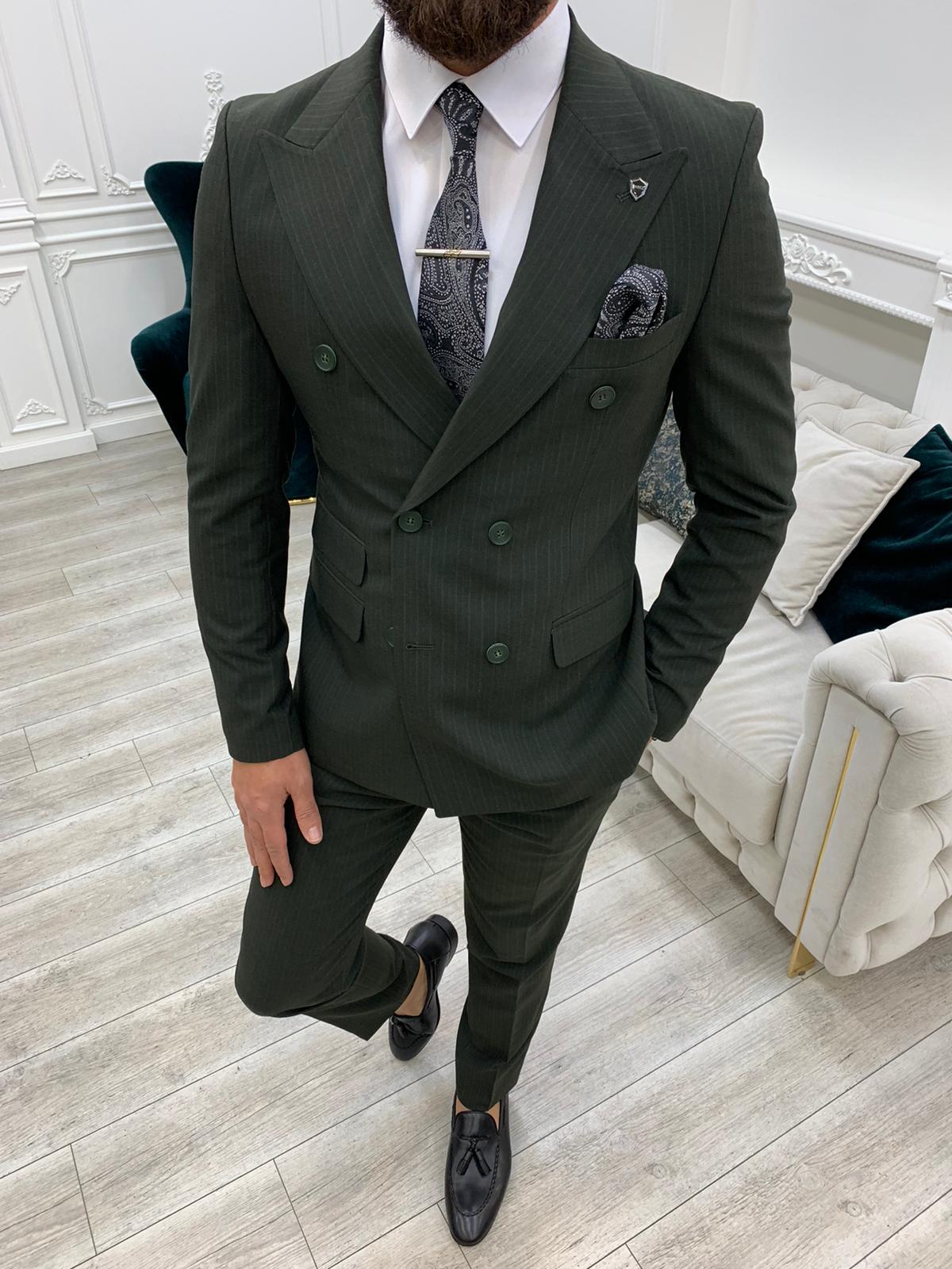 Pantaloni da giacca slim fit da uomo a righe doppiopetto con collo a rondine, taglio italiano - Verde