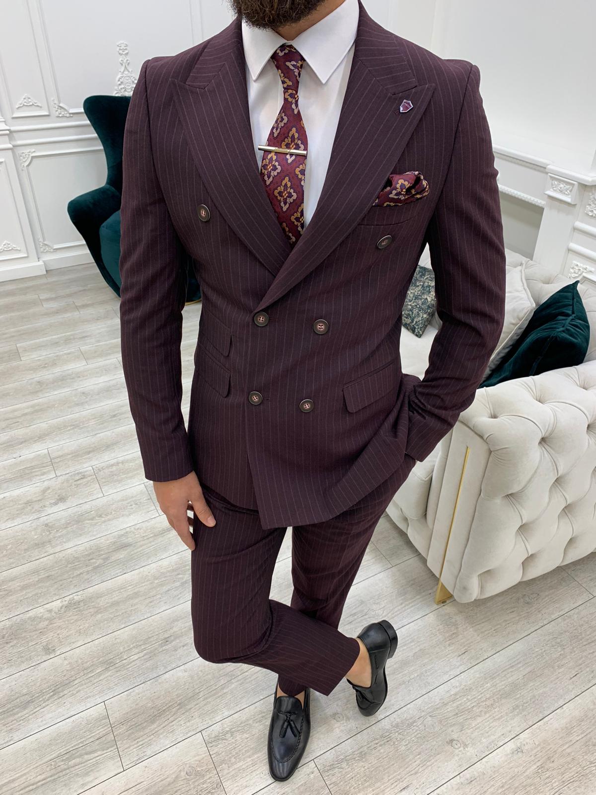 Pantaloni da giacca slim fit da uomo a righe doppiopetto con colletto a rondine, taglio italiano - Prugna