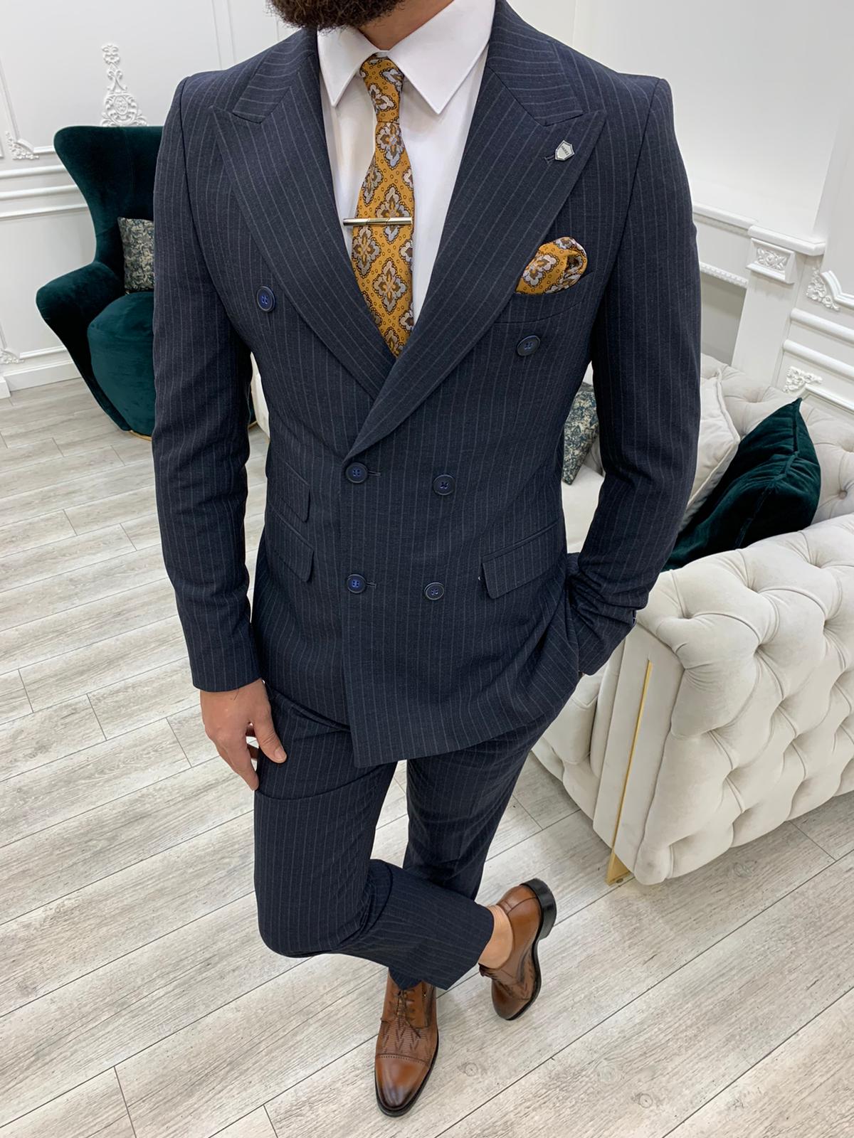 Pantaloni da giacca slim fit da uomo a righe doppiopetto con colletto a rondine, taglio italiano - Blu navy