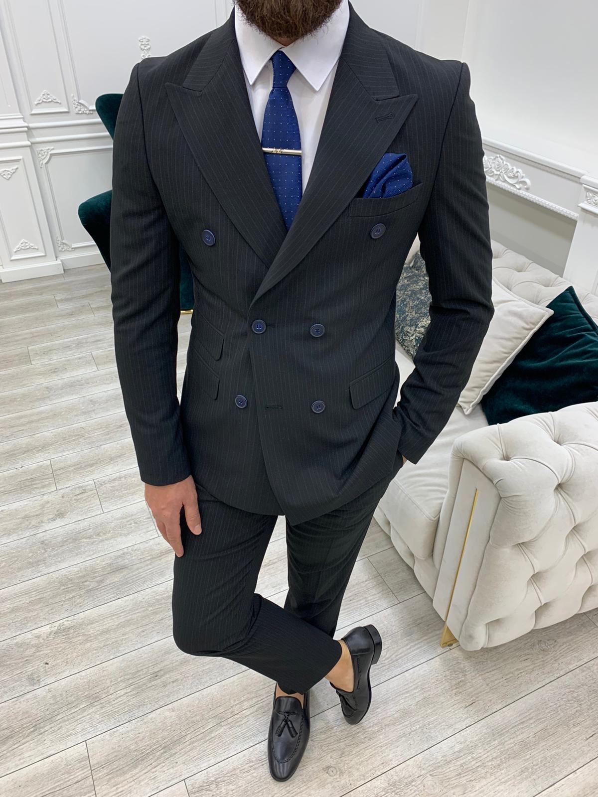 Pantaloni da giacca slim fit da uomo a righe doppiopetto con colletto a rondine, taglio italiano - Nero