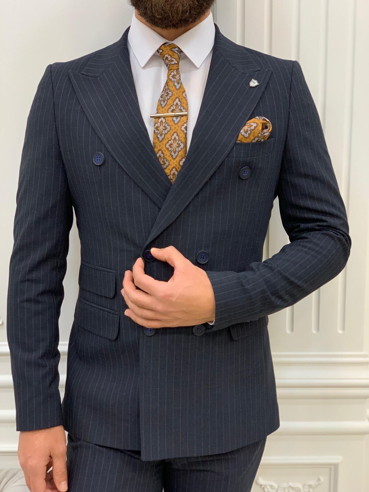 Pantaloni da giacca slim fit da uomo a righe doppiopetto con colletto a rondine, taglio italiano - Blu navy
