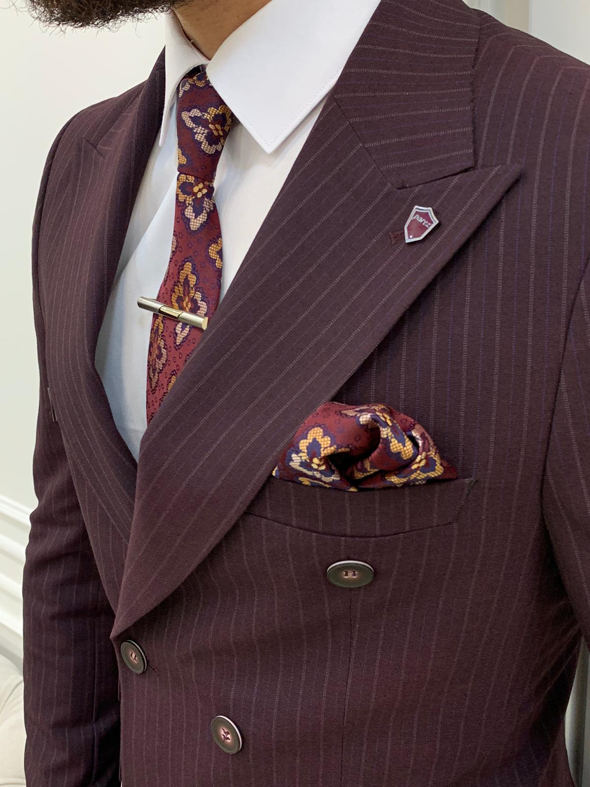 Pantaloni da giacca slim fit da uomo a righe doppiopetto con colletto a rondine, taglio italiano - Prugna