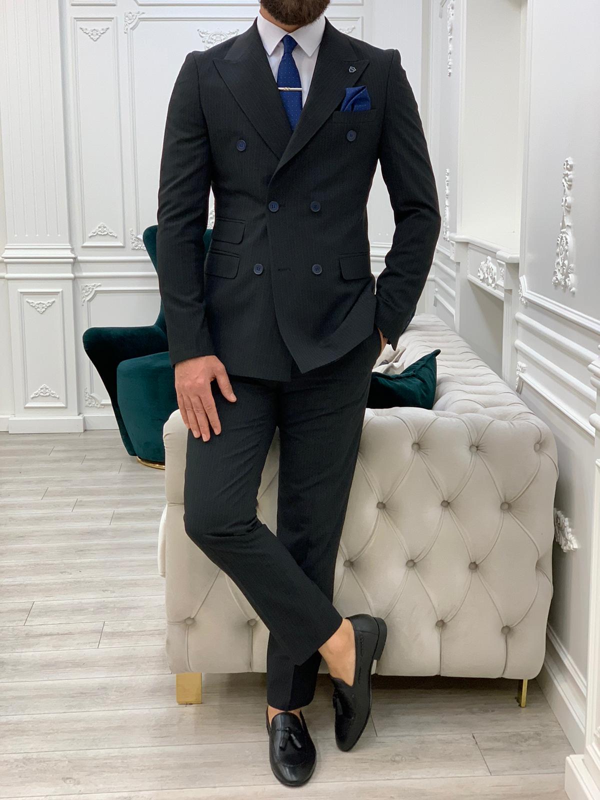Pantaloni da giacca slim fit da uomo a righe doppiopetto con colletto a rondine, taglio italiano - Nero