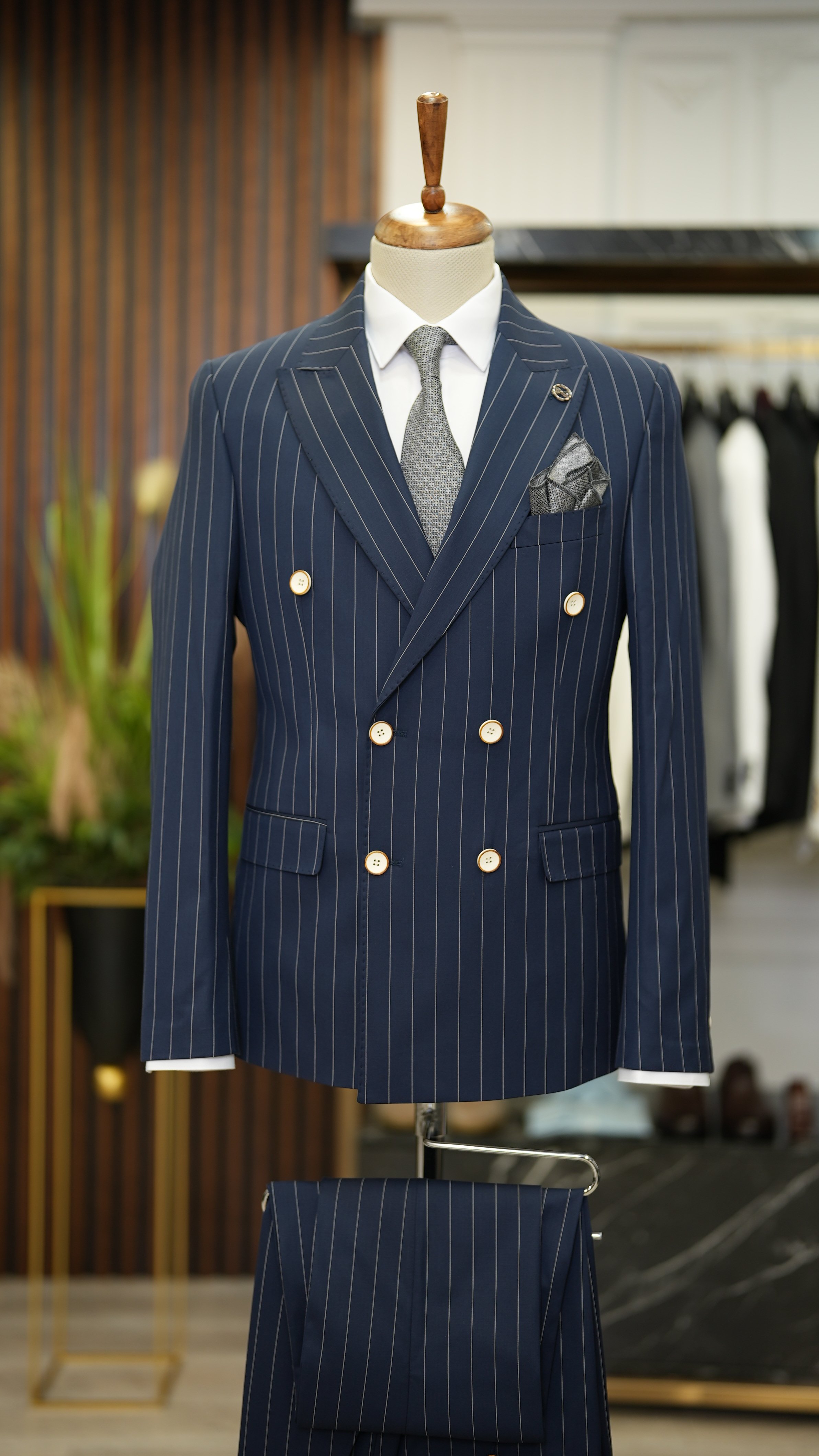 Erkek Çizgili Takım Elbise İtalyan Stil Slim Fit Ceket Yelek Pantolon-Lacivert 