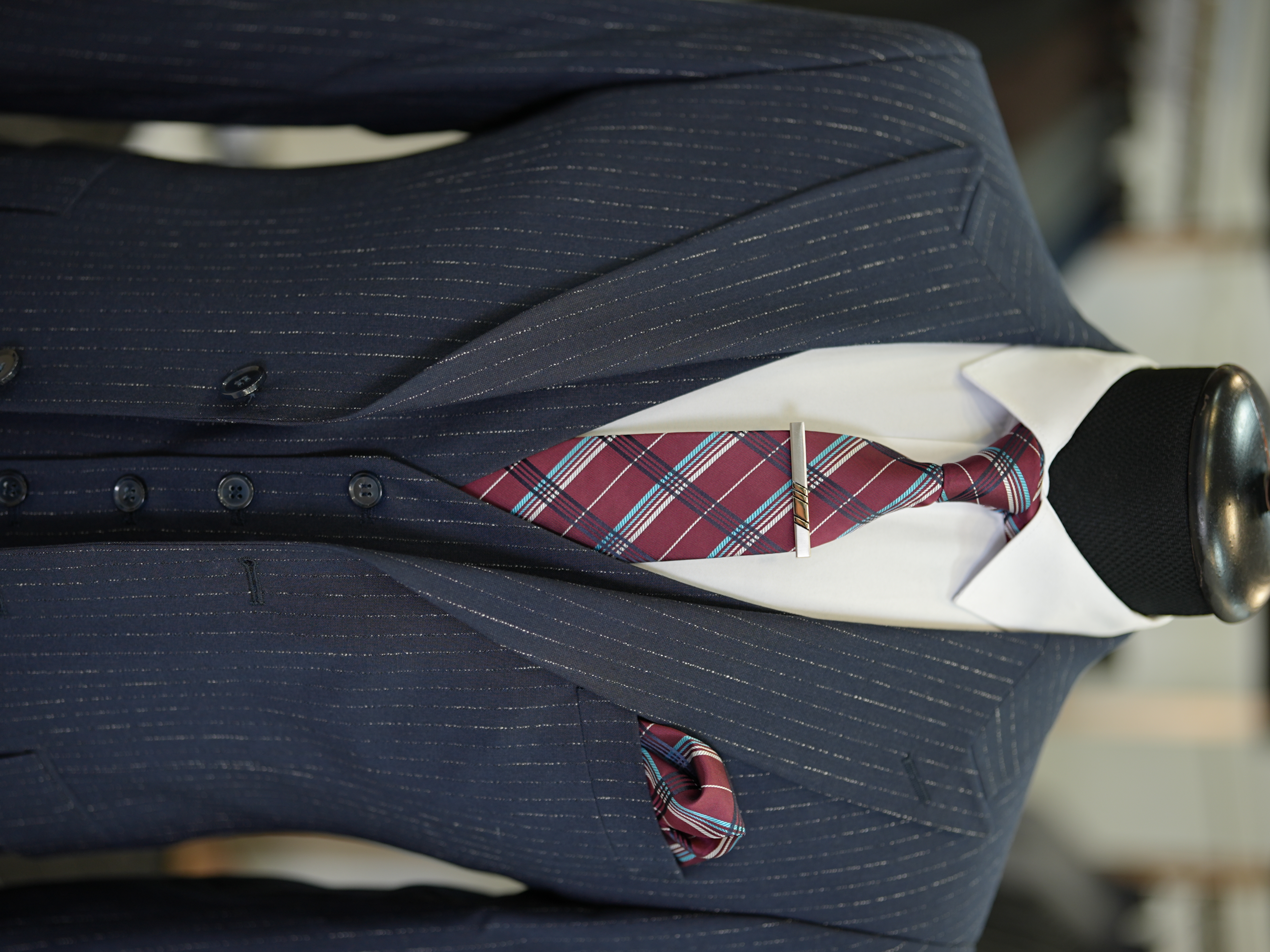Abito da uomo a righe con colletto a rondine stile italiano giacca slim fit gilet pantaloni - Scuro - Blu navy scuro