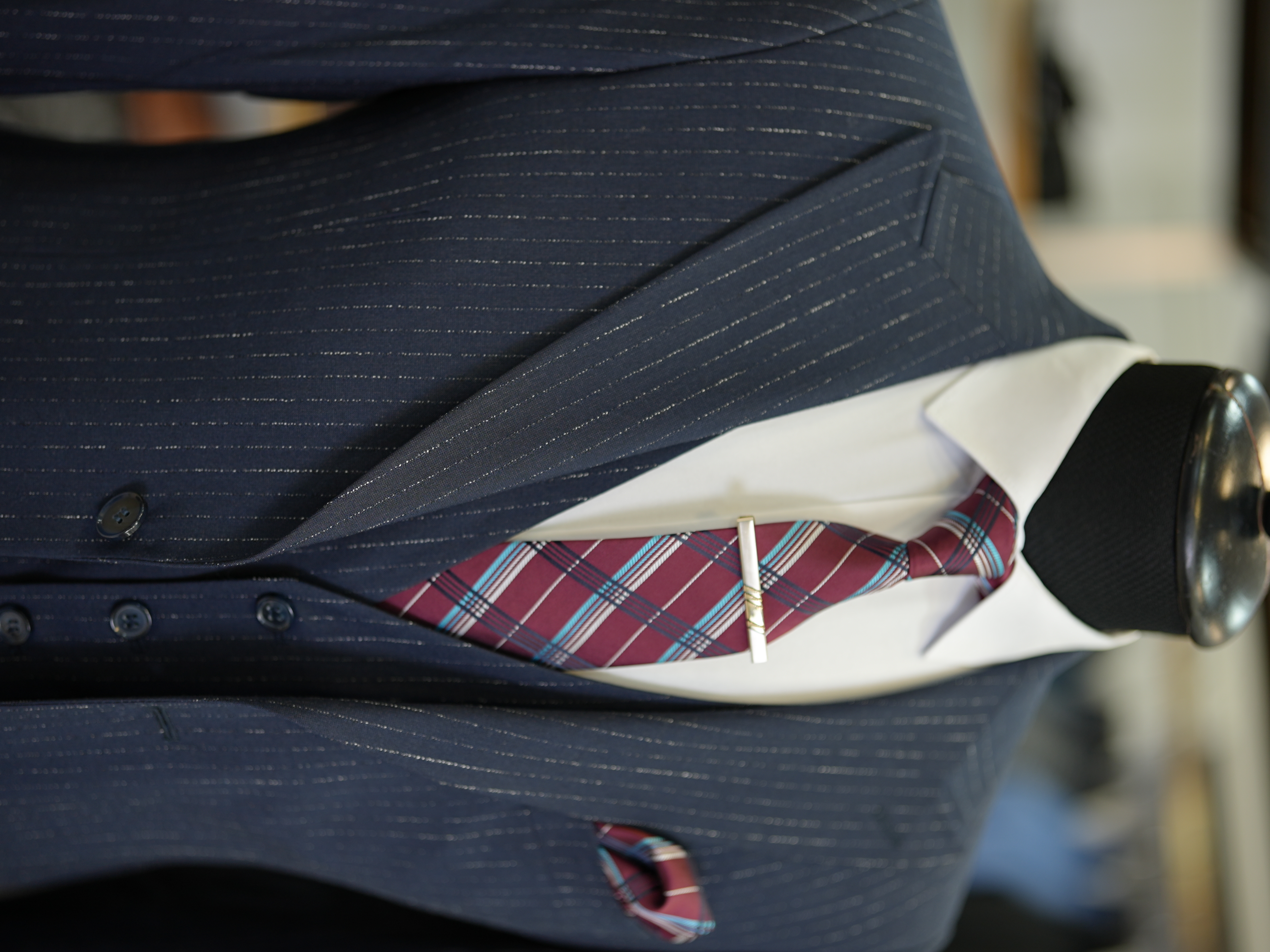 Abito da uomo a righe con colletto a rondine stile italiano giacca slim fit gilet pantaloni - Scuro - Blu navy scuro