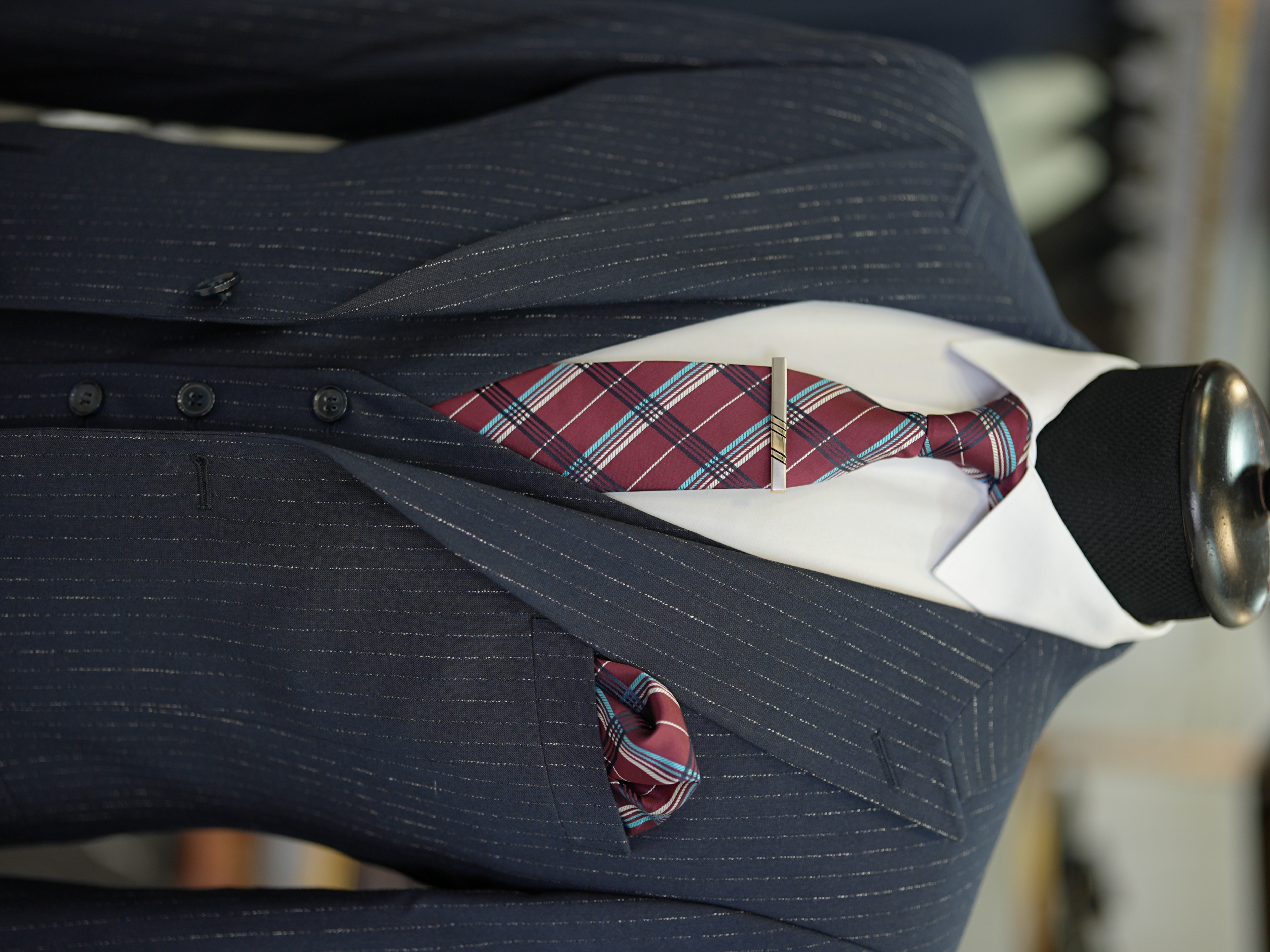 Abito da uomo a righe con colletto a rondine stile italiano giacca slim fit gilet pantaloni - Scuro - Blu navy scuro