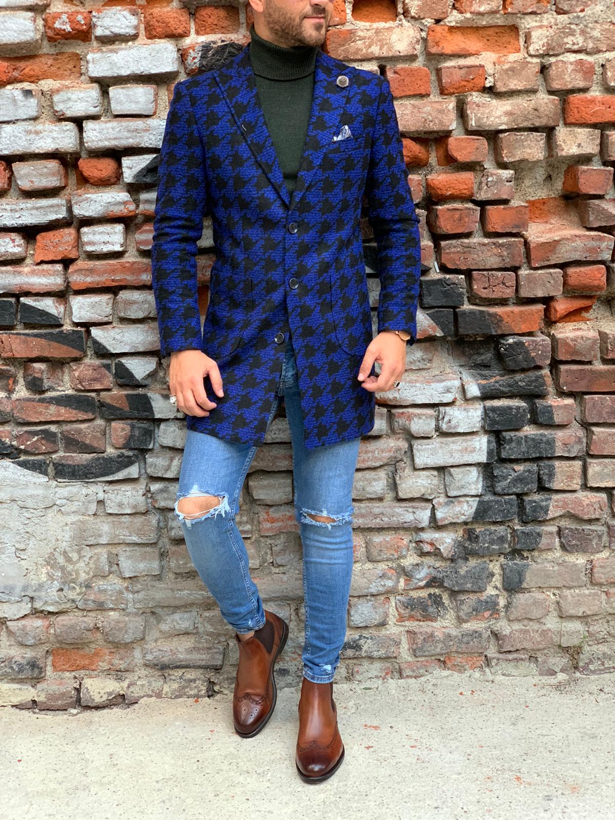 Erkek Desenli İtalyan Stil Slim Fit Yün Kaban-Mavi