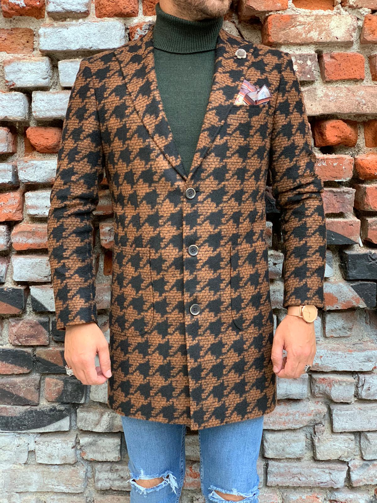 Erkek Desenli İtalyan Stil Slim Fit Yün Kaban-Viski Rengi
