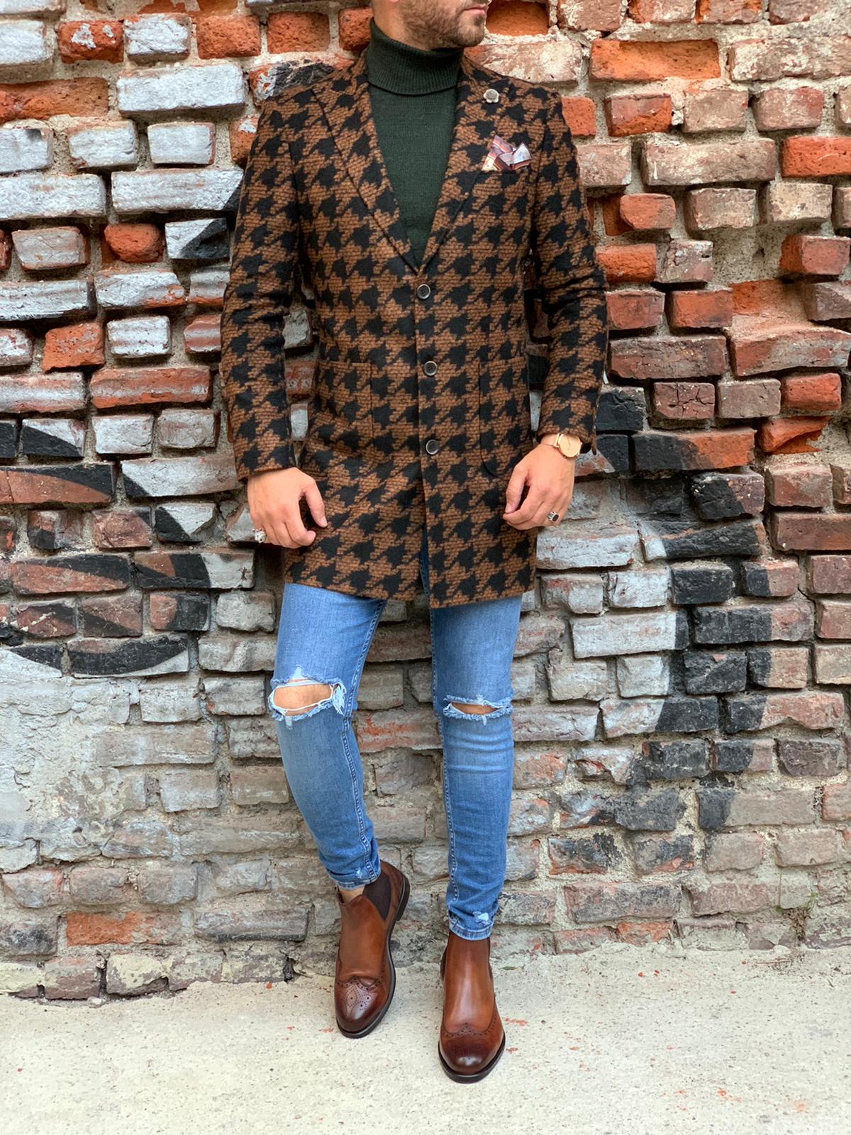 Erkek Desenli İtalyan Stil Slim Fit Yün Kaban-Viski Rengi