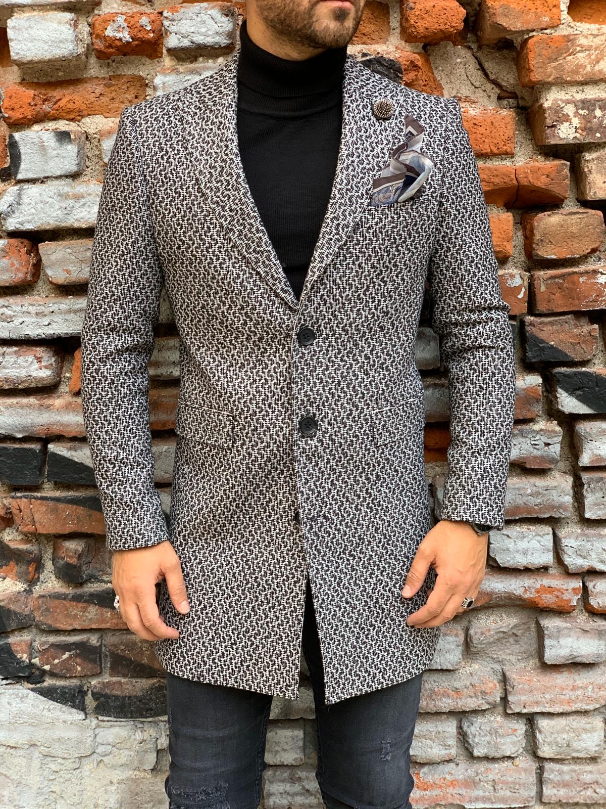 Erkek Desenli İtalyan Stil Slim Fit Yün Kaban-Gri