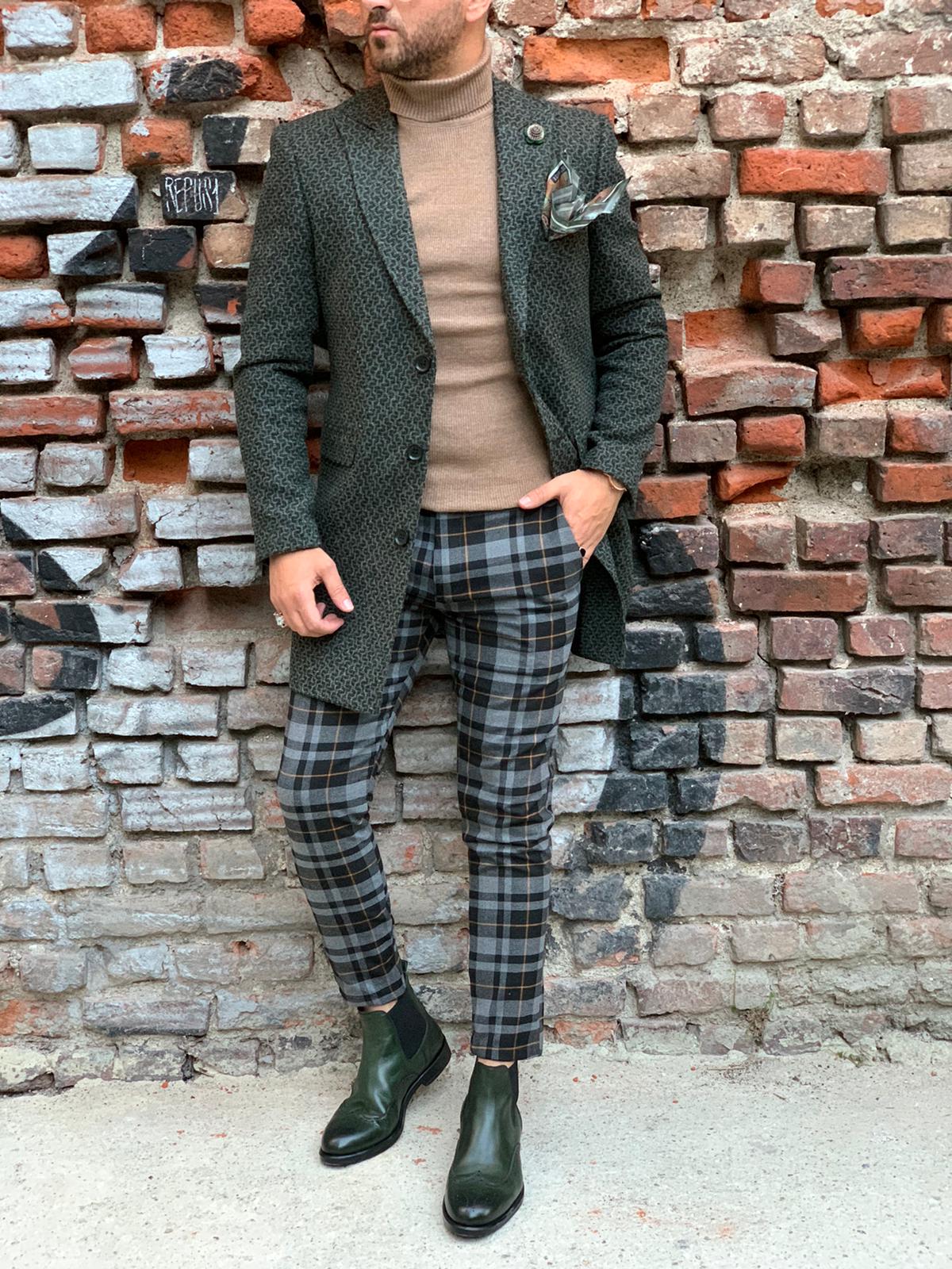 Erkek Desenli İtalyan Stil Slim Fit Yün Kaban-Yeşil