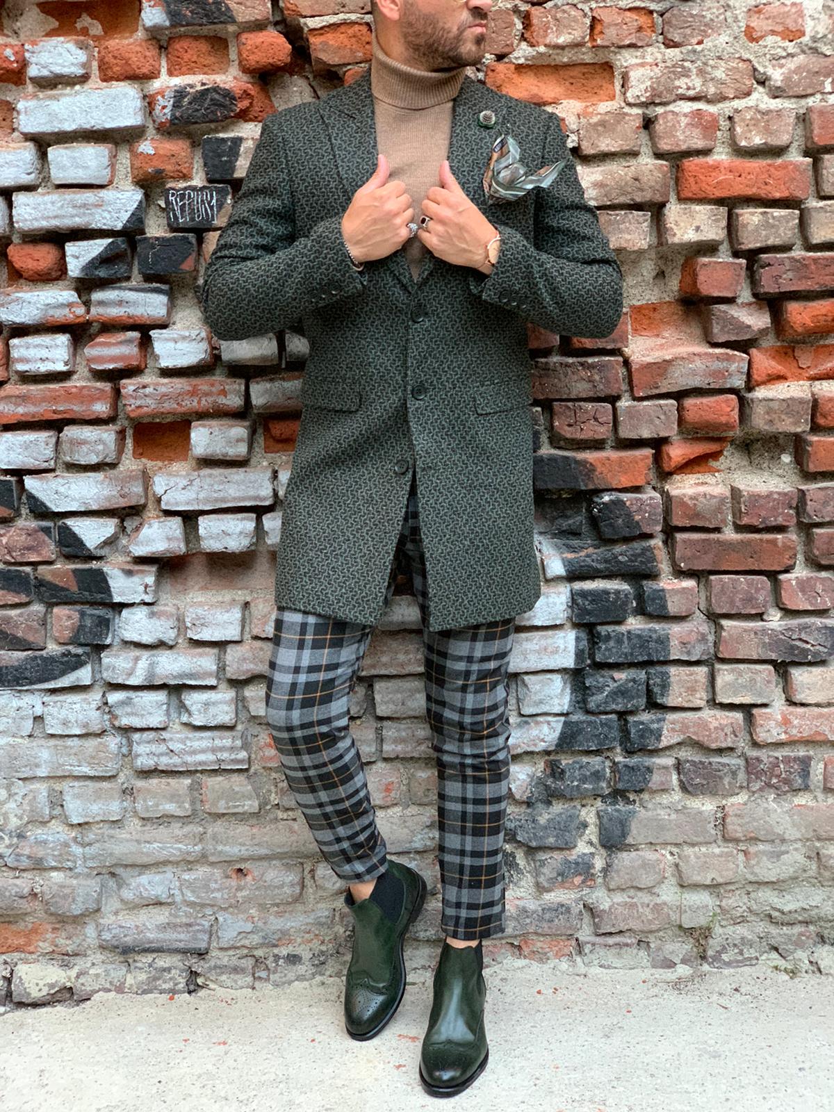 Erkek Desenli İtalyan Stil Slim Fit Yün Kaban-Yeşil