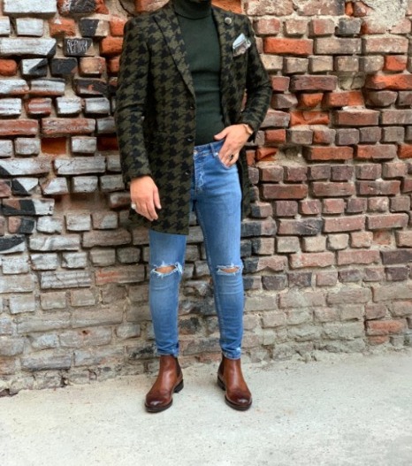 Erkek Desenli İtalyan Stil Slim Fit Yün Kaban-Yeşil