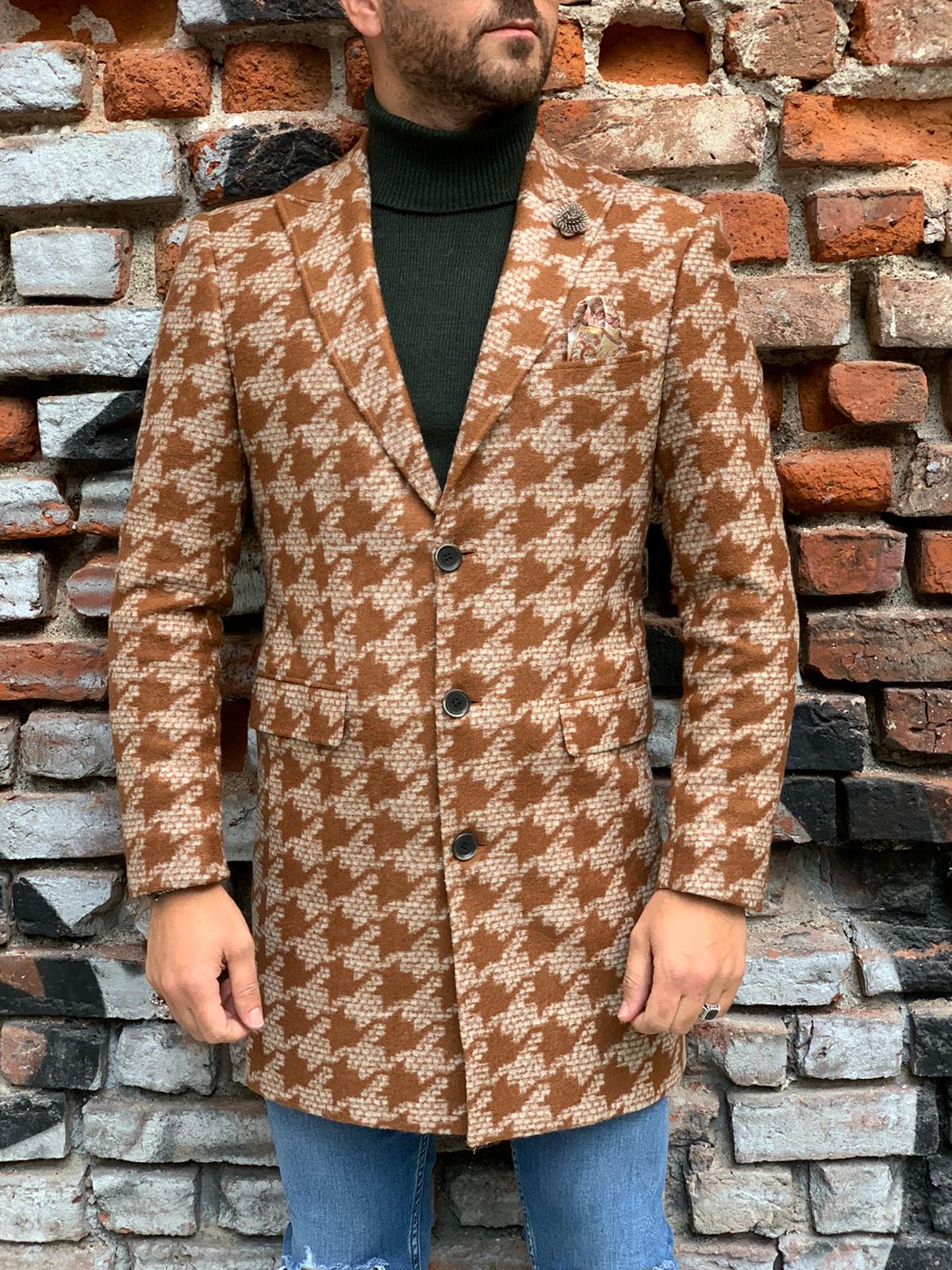 Erkek Desenli İtalyan Stil Slim Fit Yün Kaban-Taba