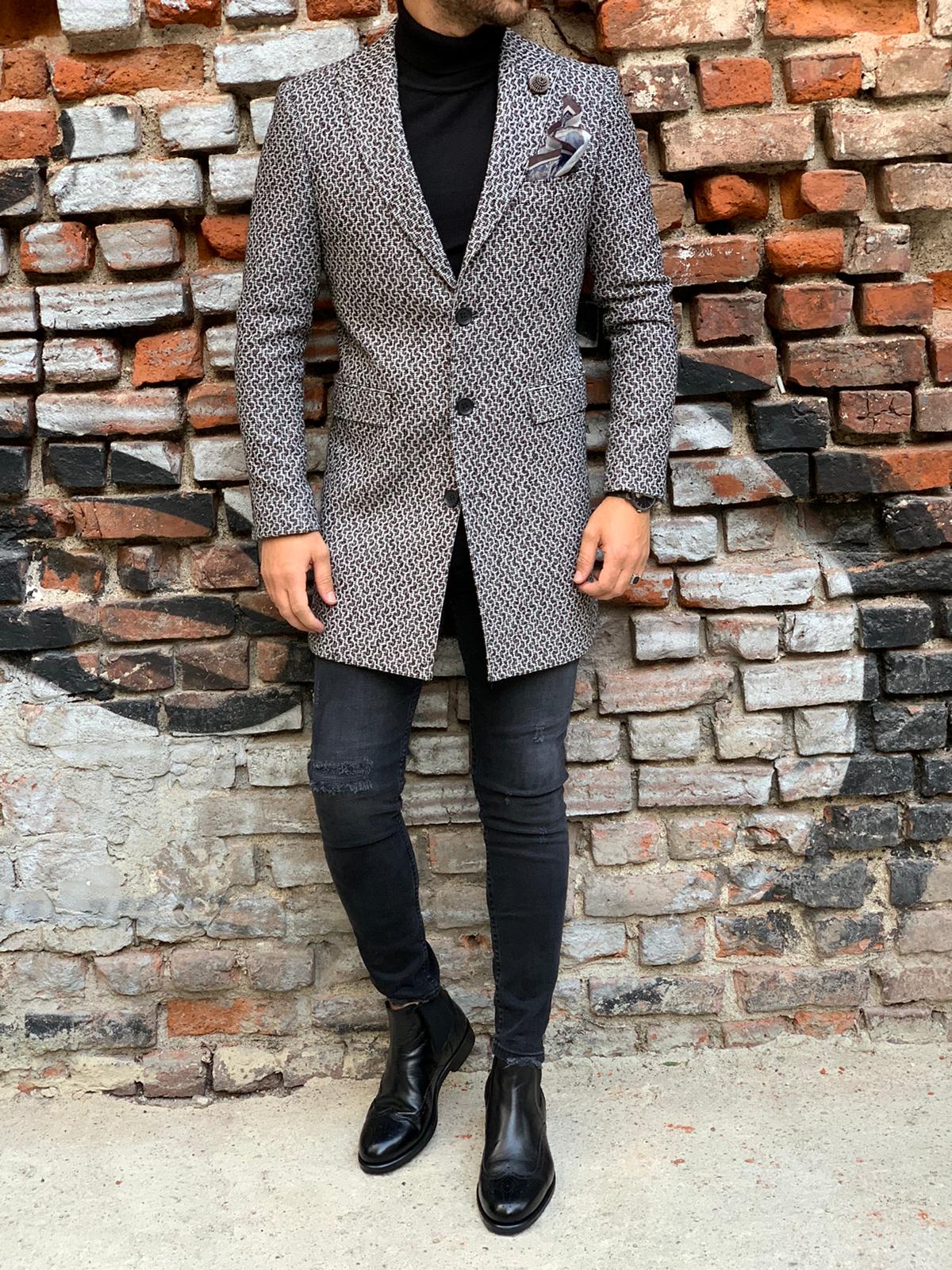 Erkek Desenli İtalyan Stil Slim Fit Yün Kaban-Gri