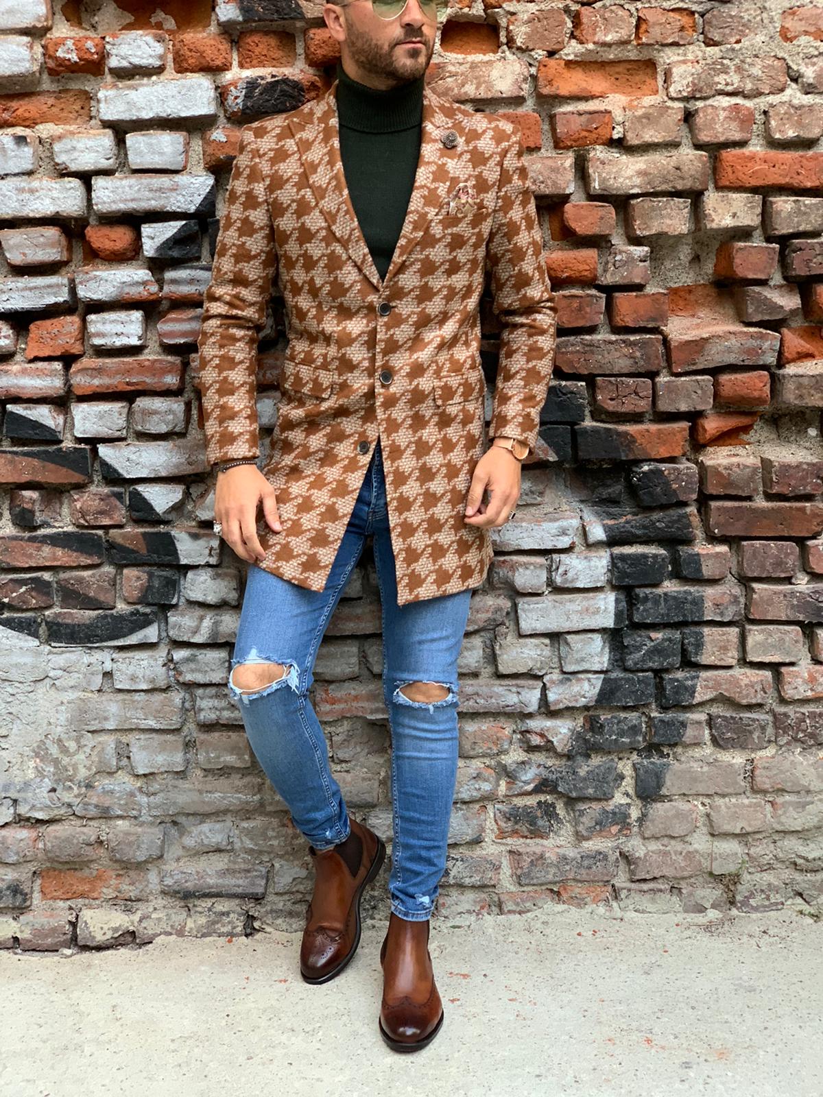 Erkek Desenli İtalyan Stil Slim Fit Yün Kaban-Taba