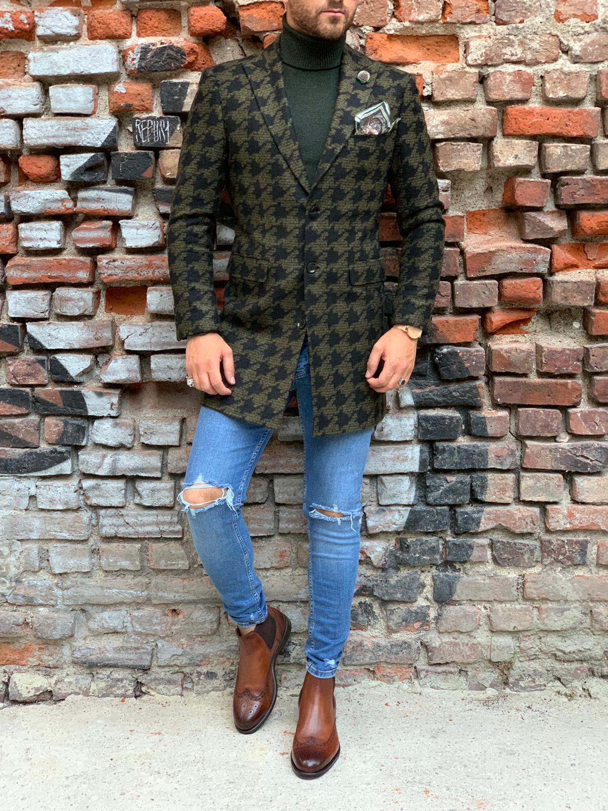 Erkek Desenli İtalyan Stil Slim Fit Yün Kaban-Yeşil