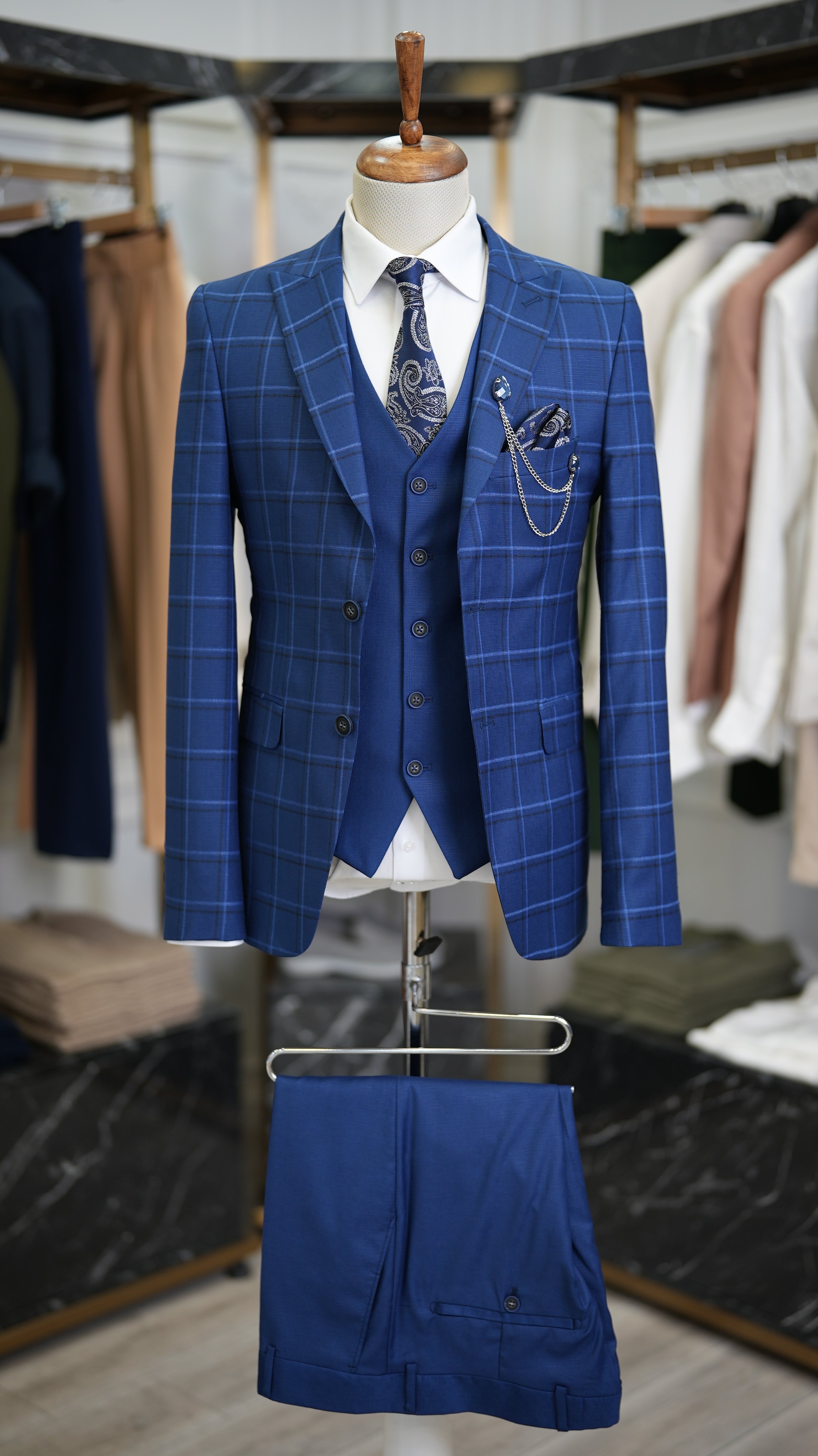 Pantaloni gilet da giacca scozzese da uomo - Blu navy