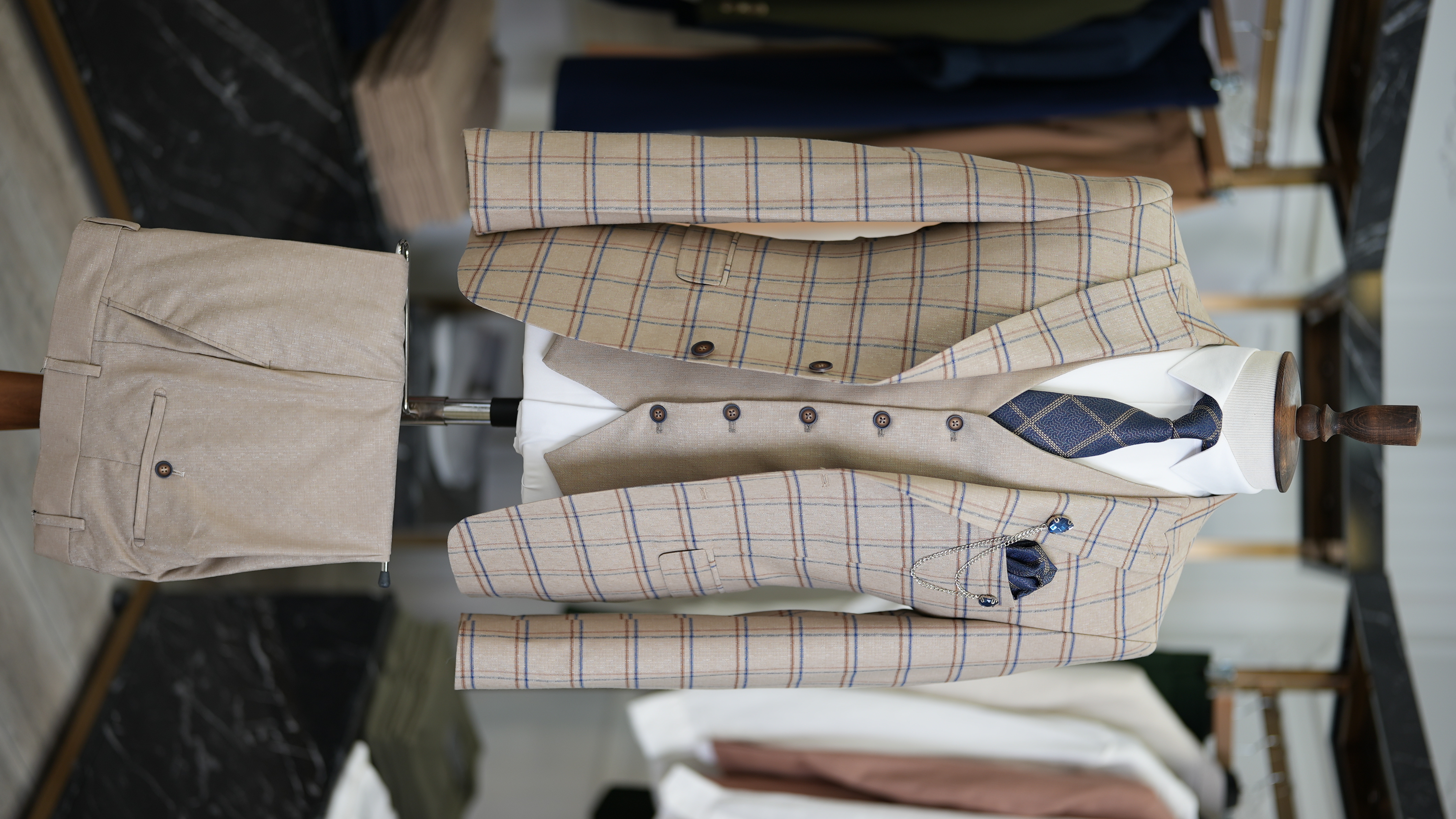 Pantaloni gilet da giacca scozzese da uomo - Crema
