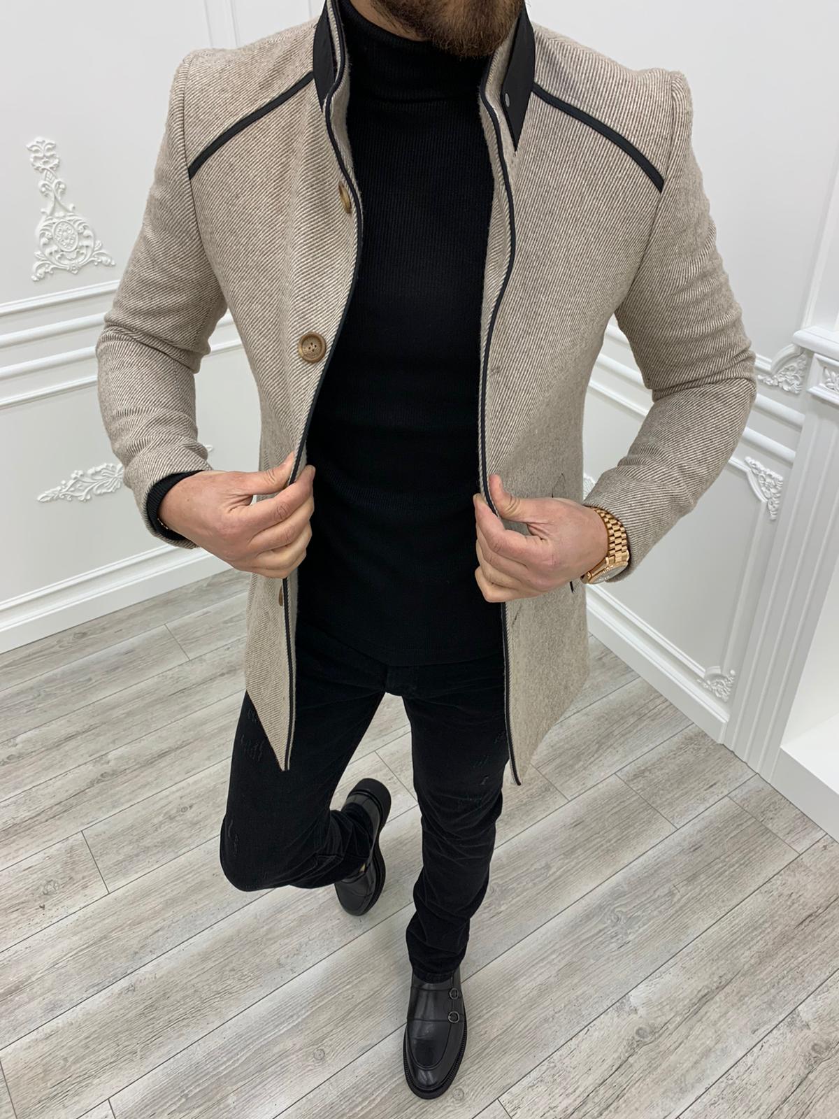 Erkek İtalyan Stil Slim Fit Kaban-Bej