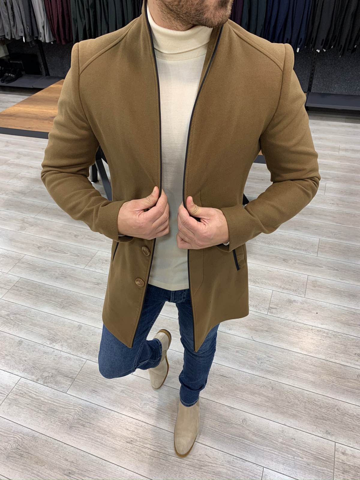 Erkek İtalyan Stil Slim Fit Kaban-Camel