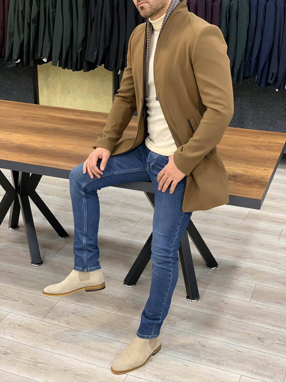 Erkek İtalyan Stil Slim Fit Kaban-Camel