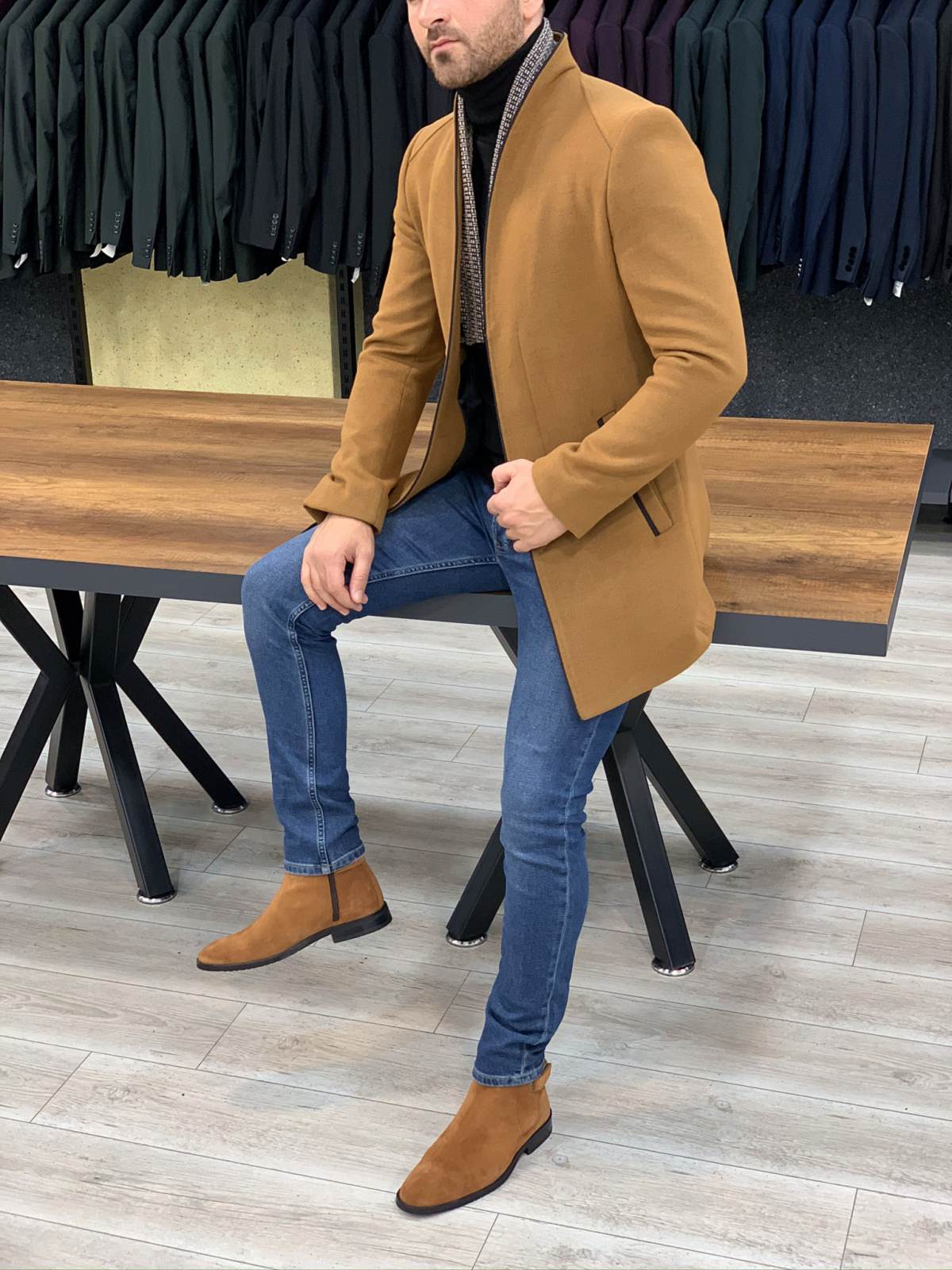 Erkek İtalyan Stil Slim Fit Kaban-Hardal