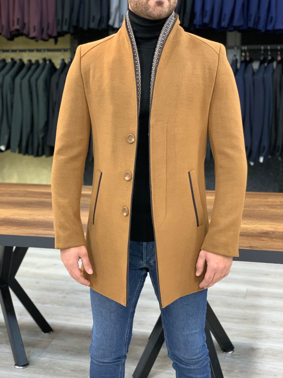 Erkek İtalyan Stil Slim Fit Kaban-Hardal