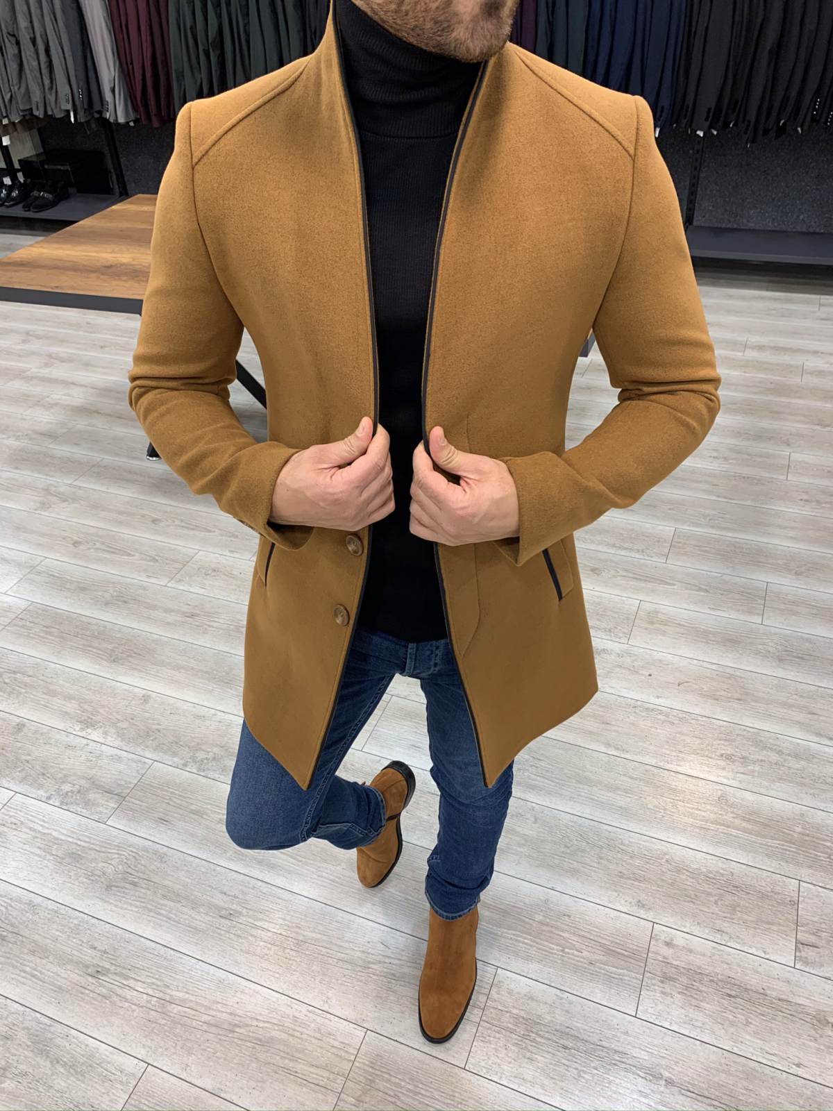 Erkek İtalyan Stil Slim Fit Kaban-Hardal