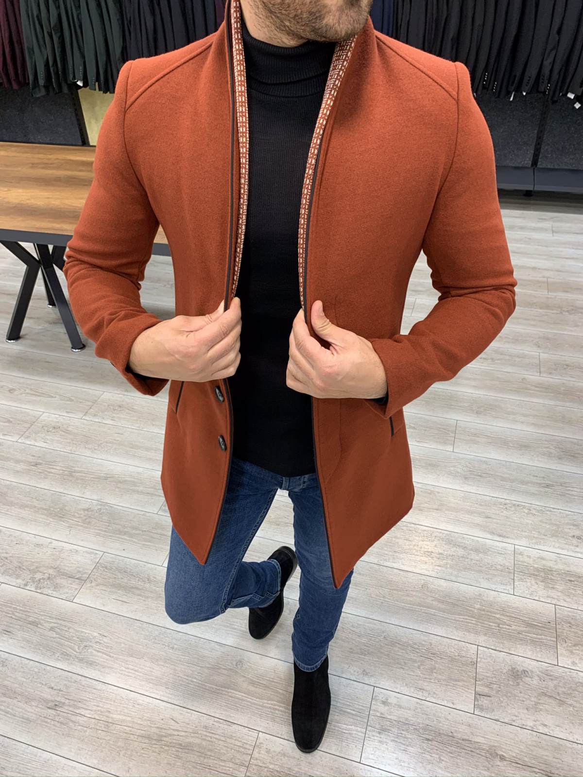 Erkek İtalyan Stil Slim Fit Kaban-Kiremit