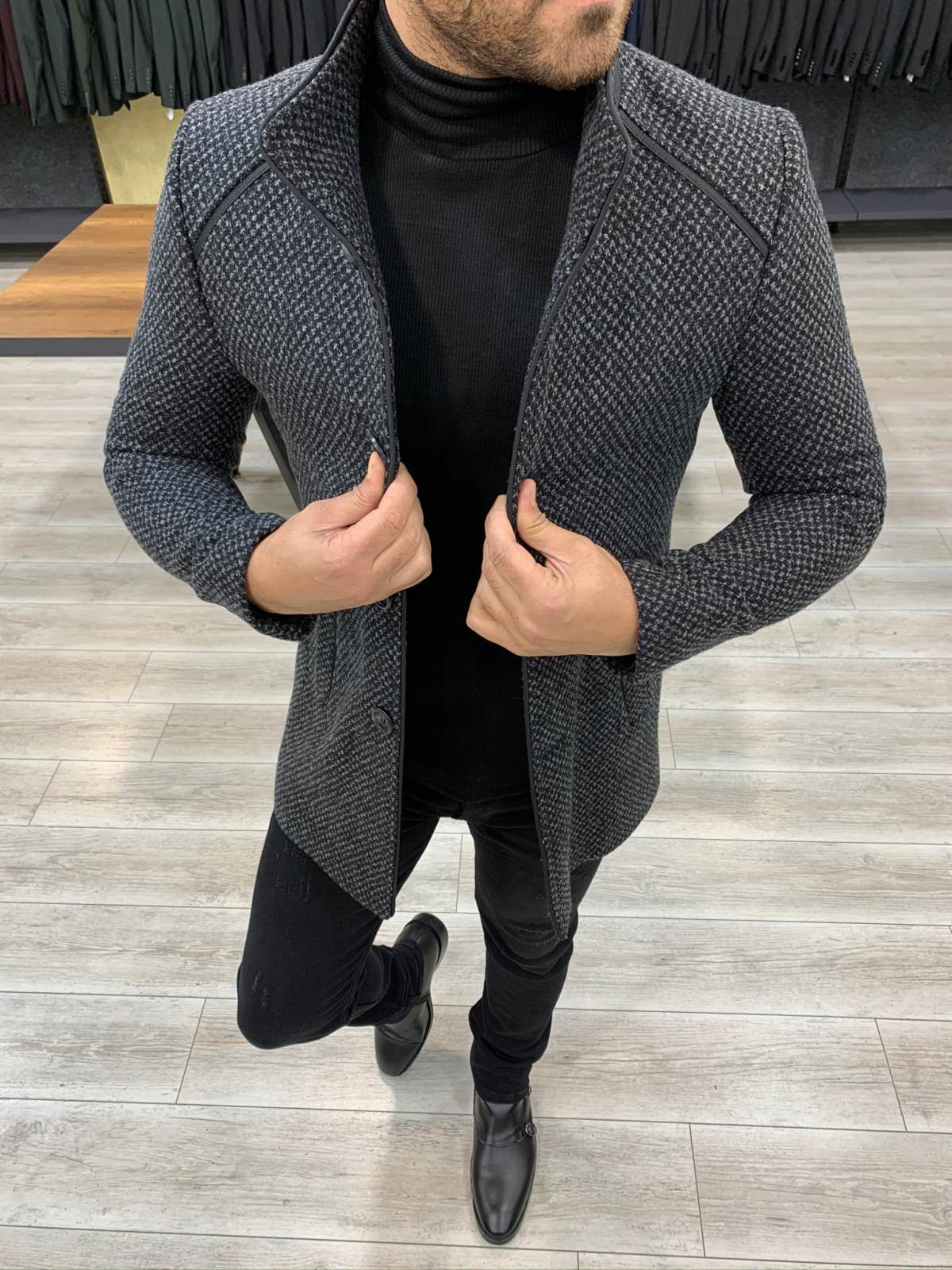 Erkek İtalyan Stil Slim Fit Kaban-Siyah