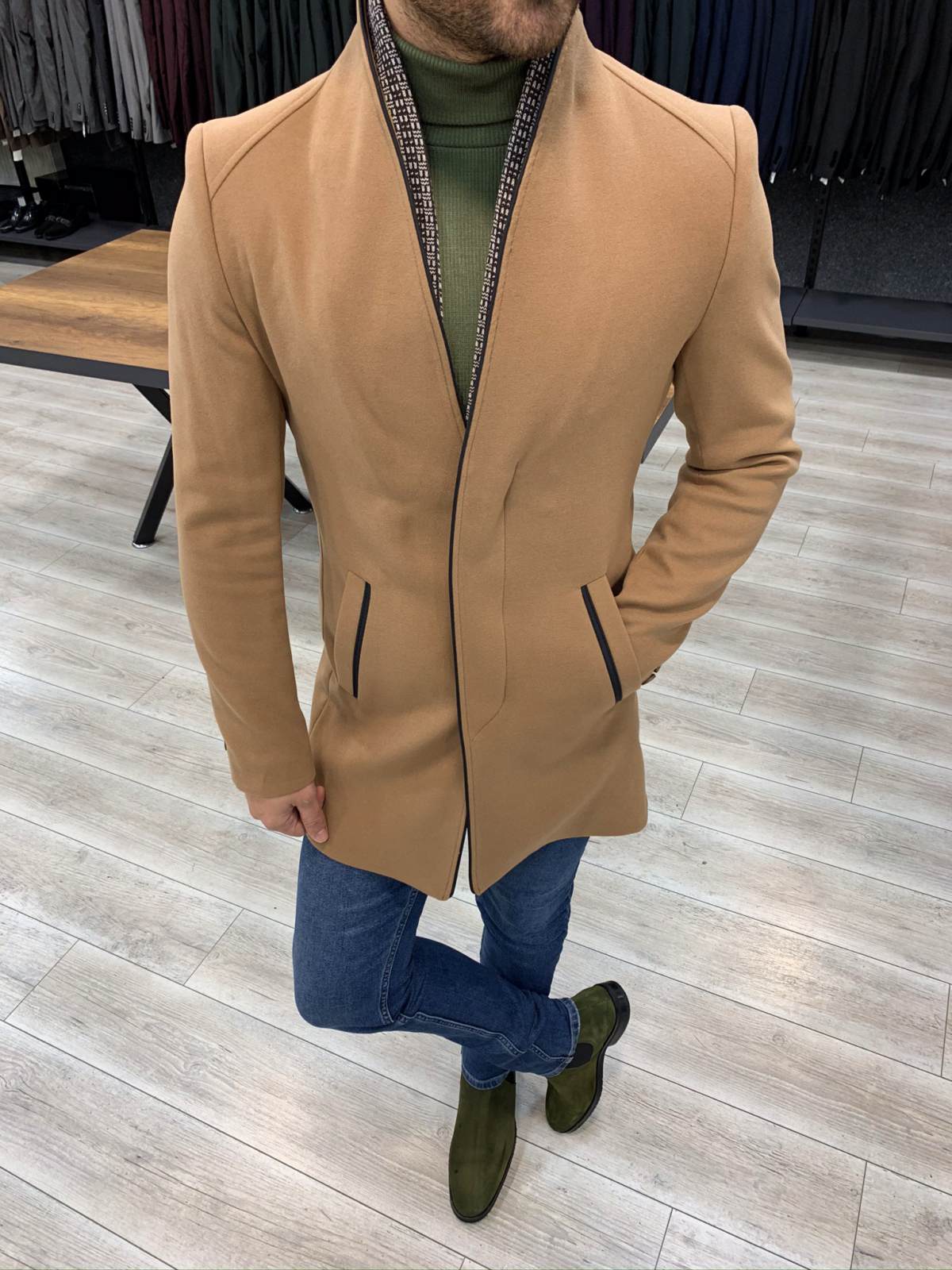Erkek İtalyan Stil Slim Fit Kaban-Taba