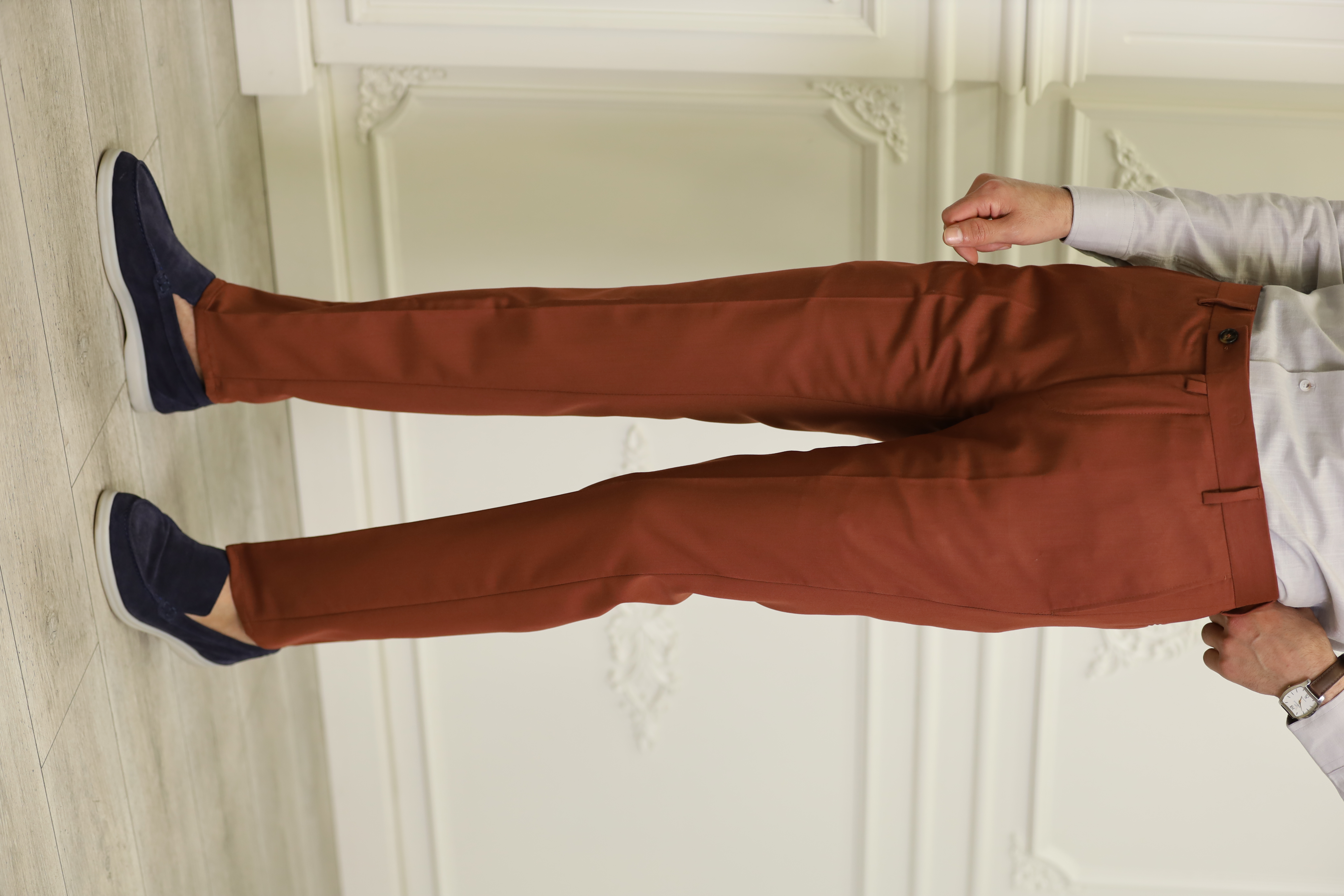 Erkek İtalyan Stil Slim Fit Kumaş Pantolon-Kremit