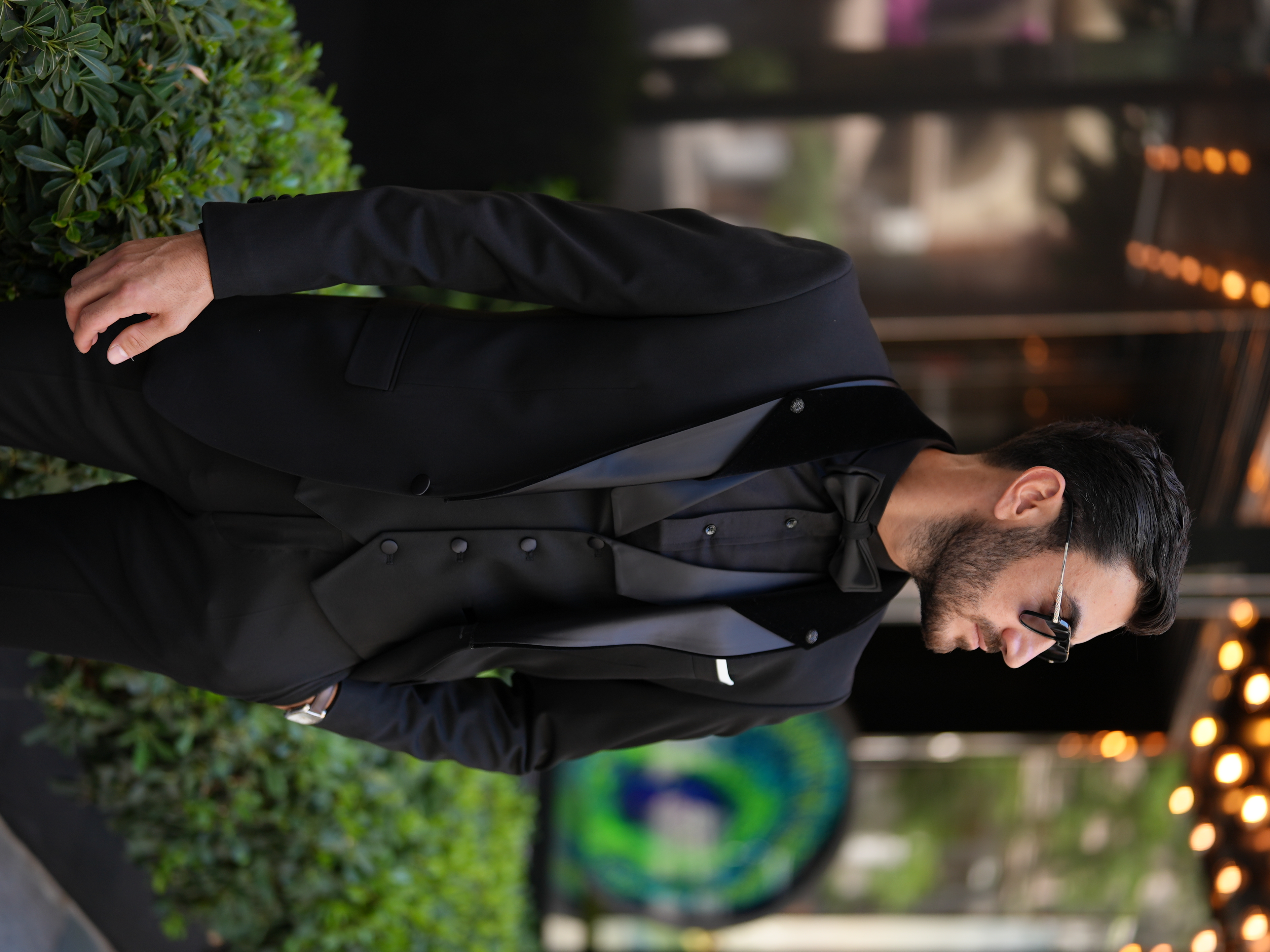 Erkek İtalyan Stil Slim Fit Şal Taşlı Yaka Smokin Damatlık Ceket Yelek Pantolon Papyon - Siyah