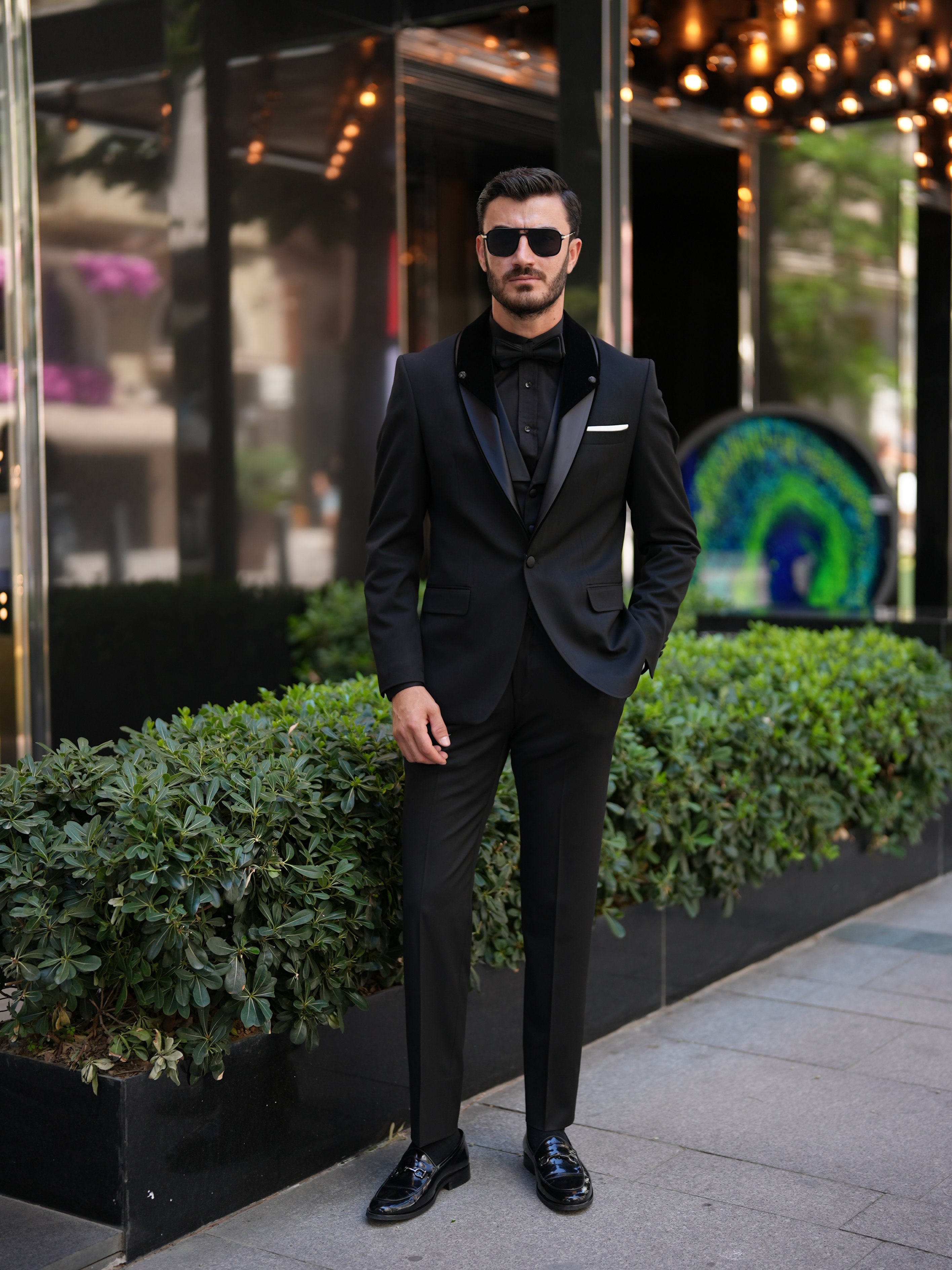 Erkek İtalyan Stil Slim Fit Şal Taşlı Yaka Smokin Damatlık Ceket Yelek Pantolon Papyon - Siyah