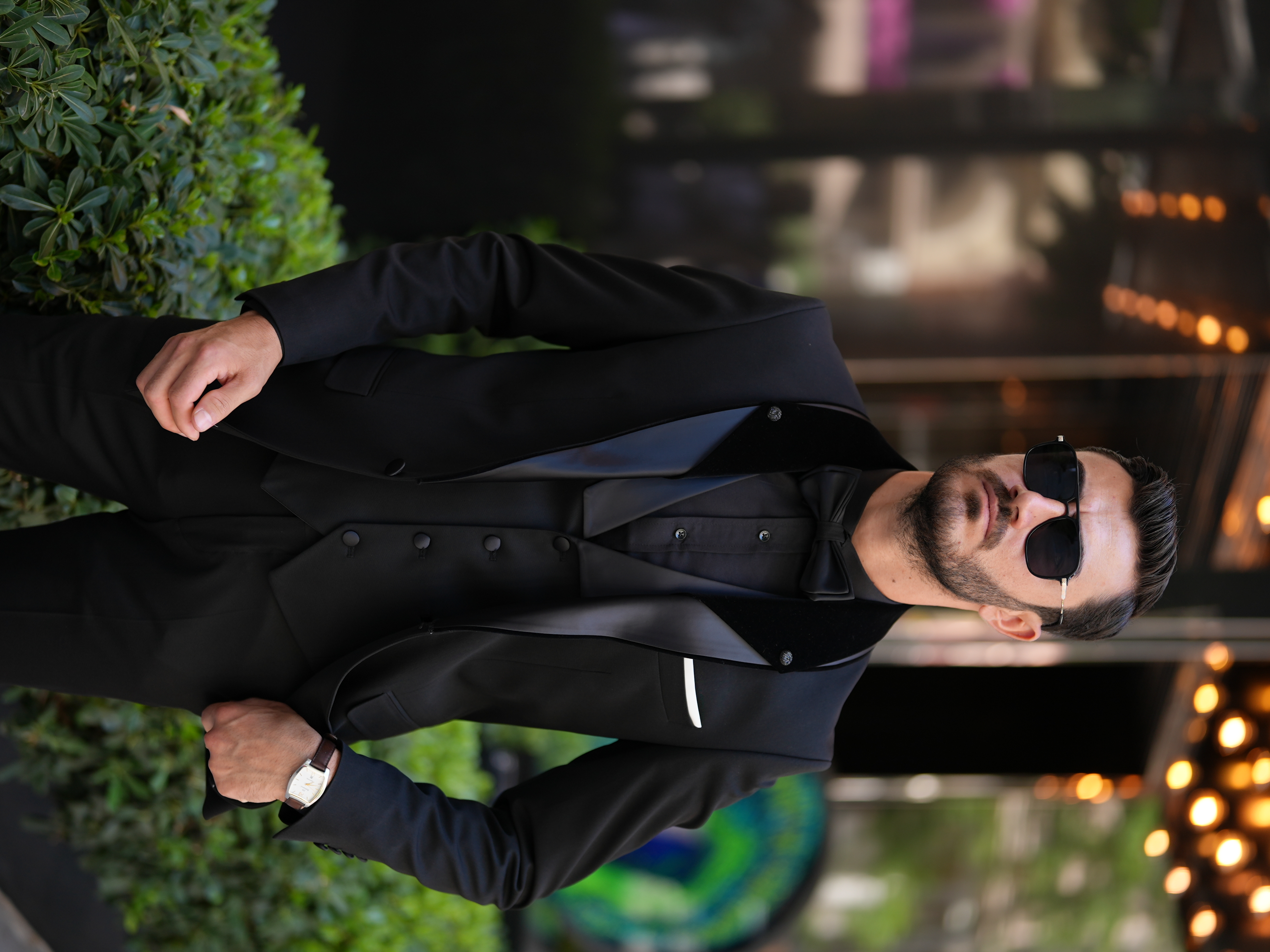 Erkek İtalyan Stil Slim Fit Şal Taşlı Yaka Smokin Damatlık Ceket Yelek Pantolon Papyon - Siyah