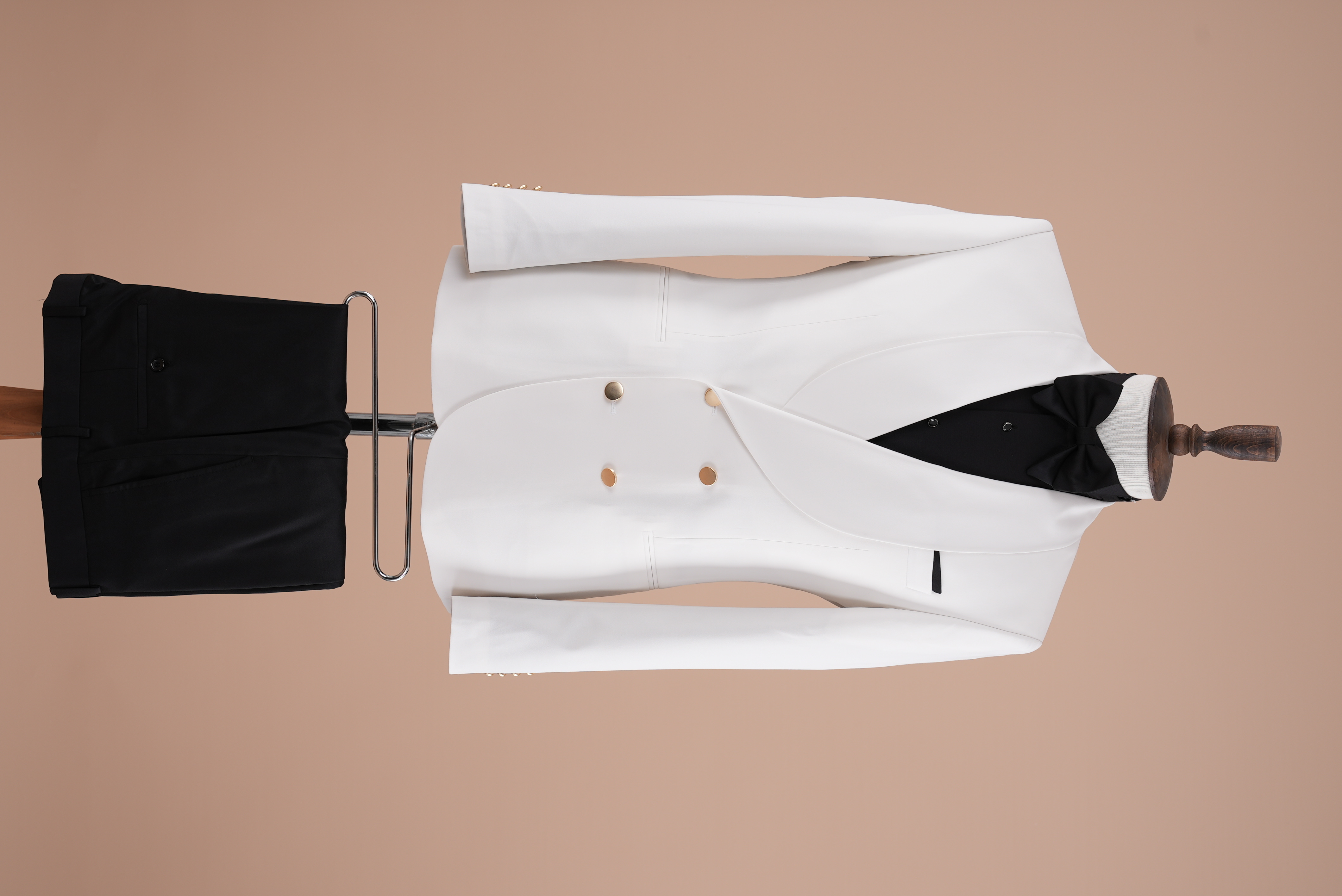 Erkek Kruvaze Damatlık Şal Yaka Metal Düğme Slim Fit Italyan Stil Ceket Pantolon Papyon-Beyaz