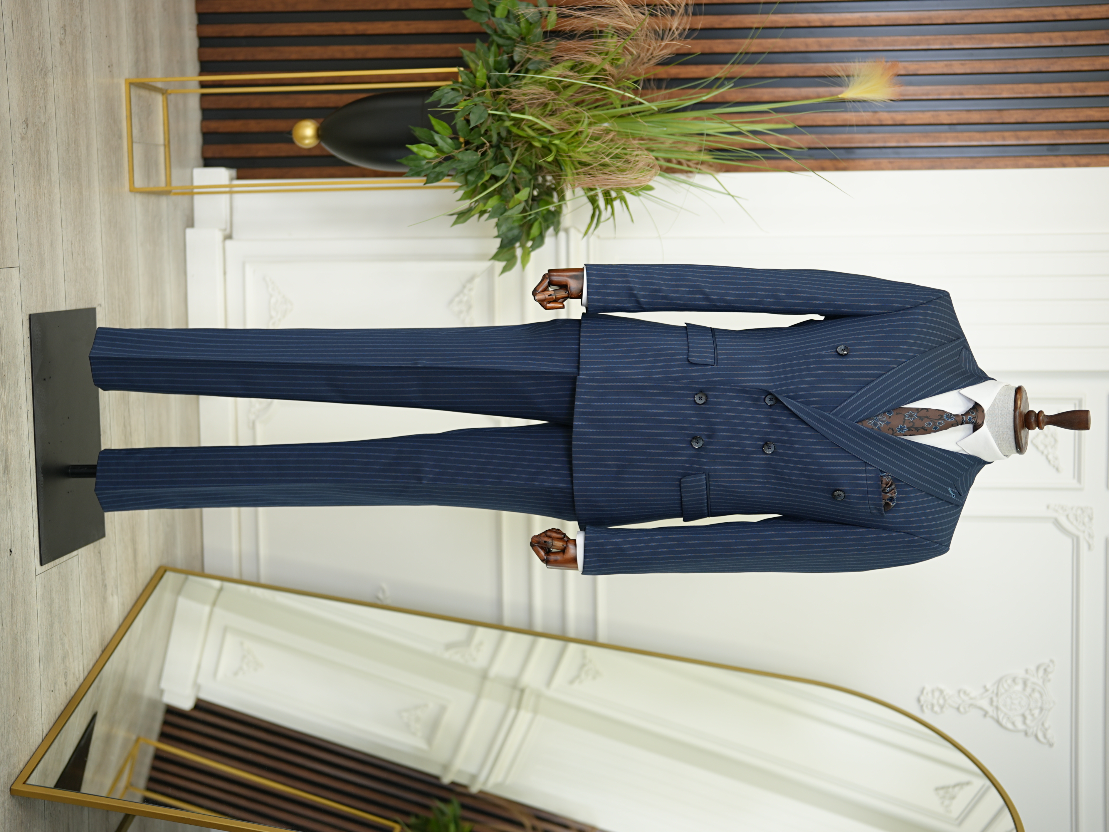 Erkek Kruvaze Piliseli Tokalı Pantolon Takım Elbise Slim Fit İtalyan Stil Ceket Pantolon-Lacivert