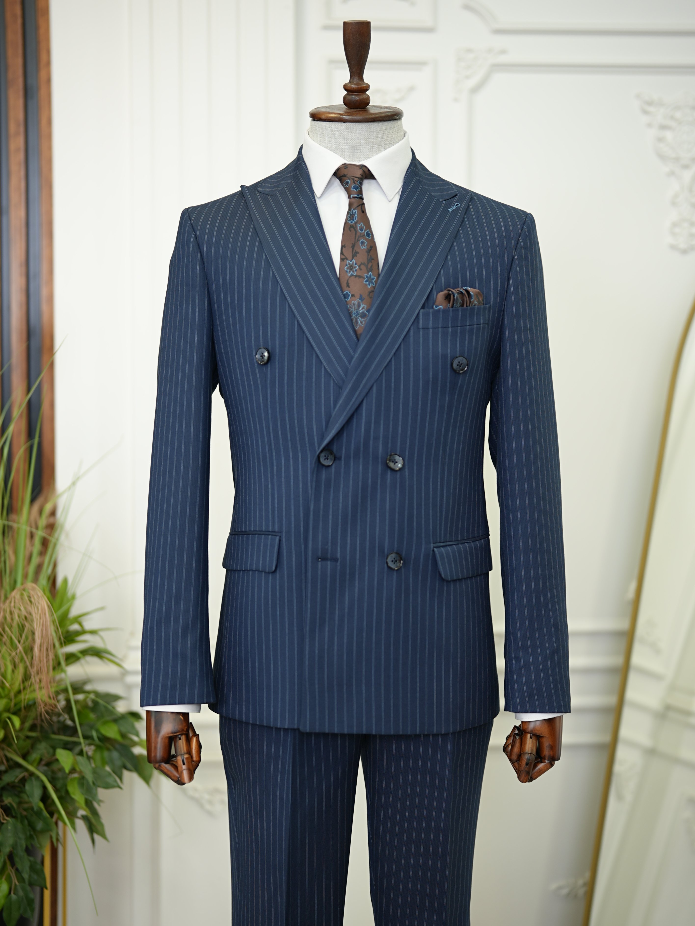 Erkek Kruvaze Piliseli Tokalı Pantolon Takım Elbise Slim Fit İtalyan Stil Ceket Pantolon-Lacivert