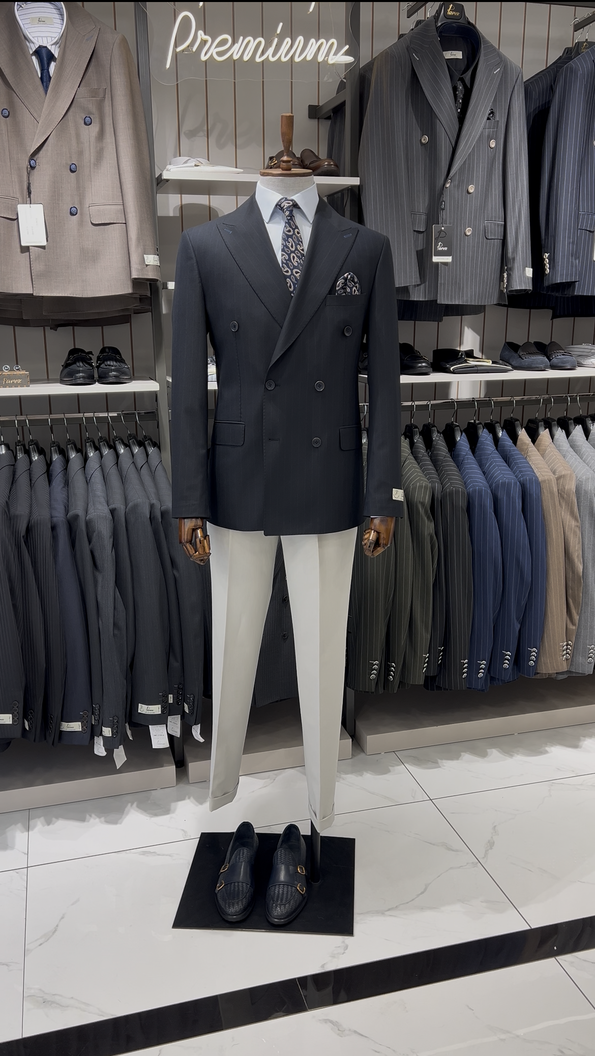 Erkek Kruvaze Premium İtalyan Stil Slim Fit Çizgili Ceket - Lacivert