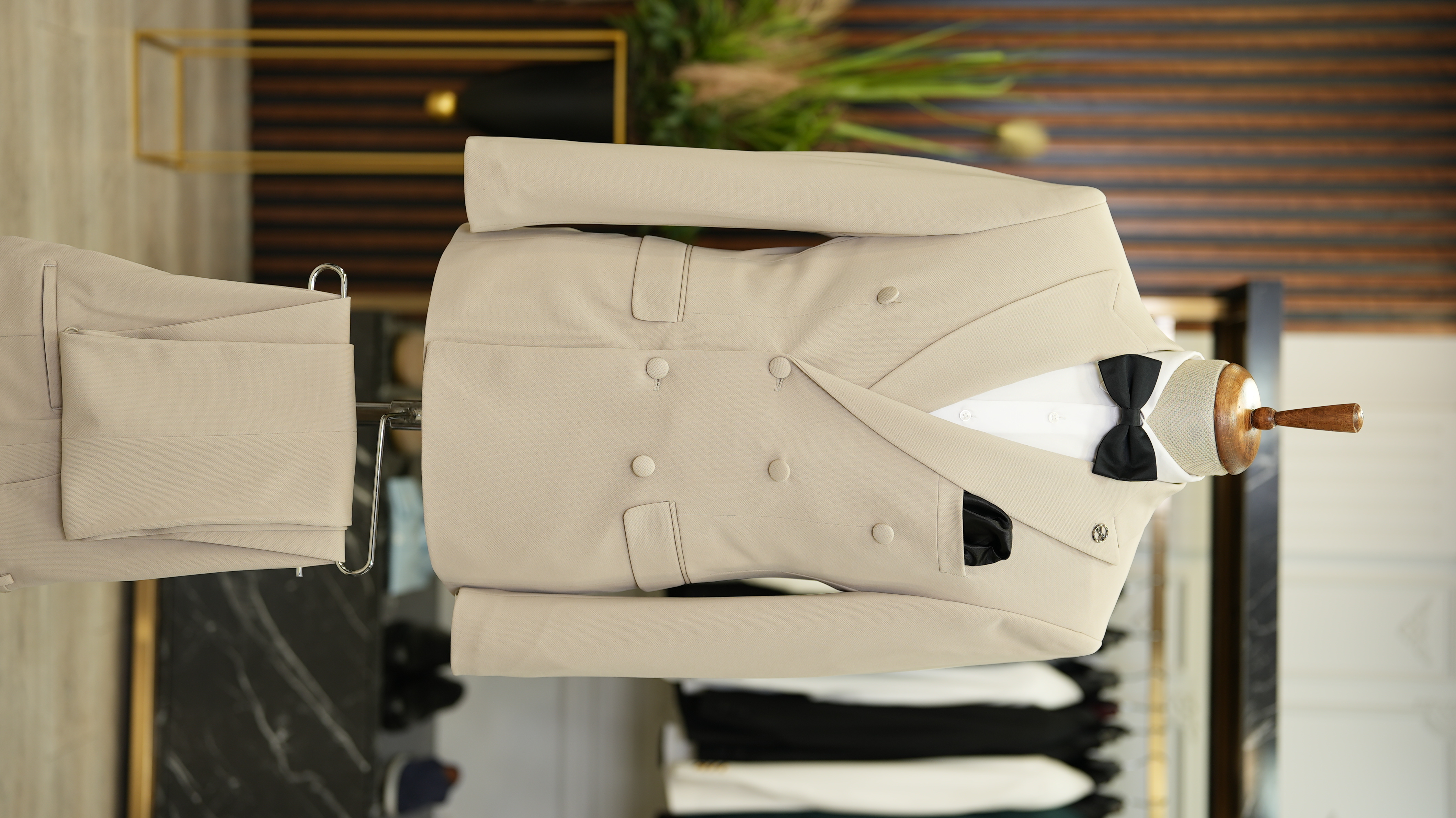 Erkek Kruvaze Slim Fit İtalyan Stil Damatlık Takım Elbise Ceket Pantolon-Bej